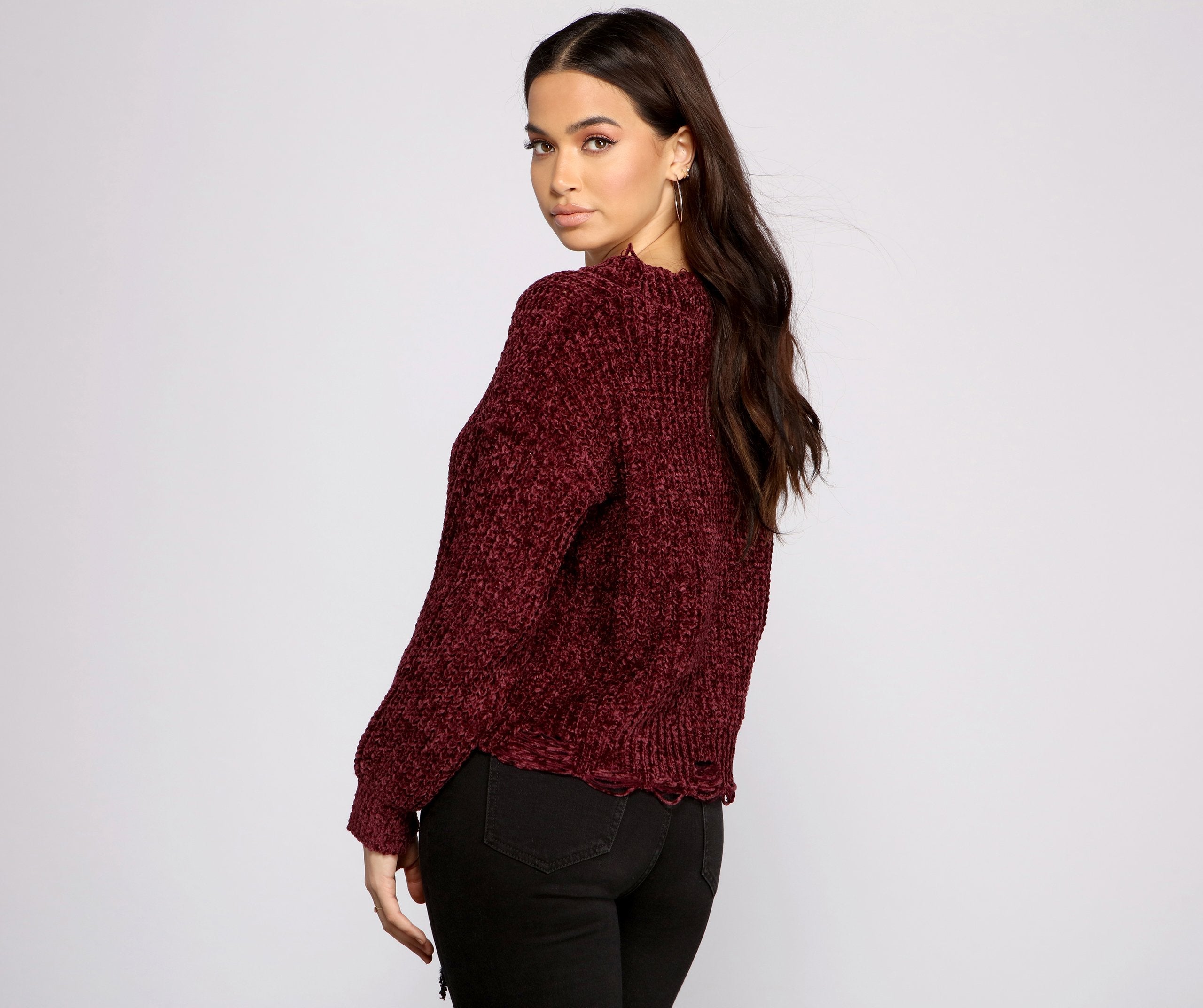 Distressed And Chic Chenille Sweater - Lady Occasions