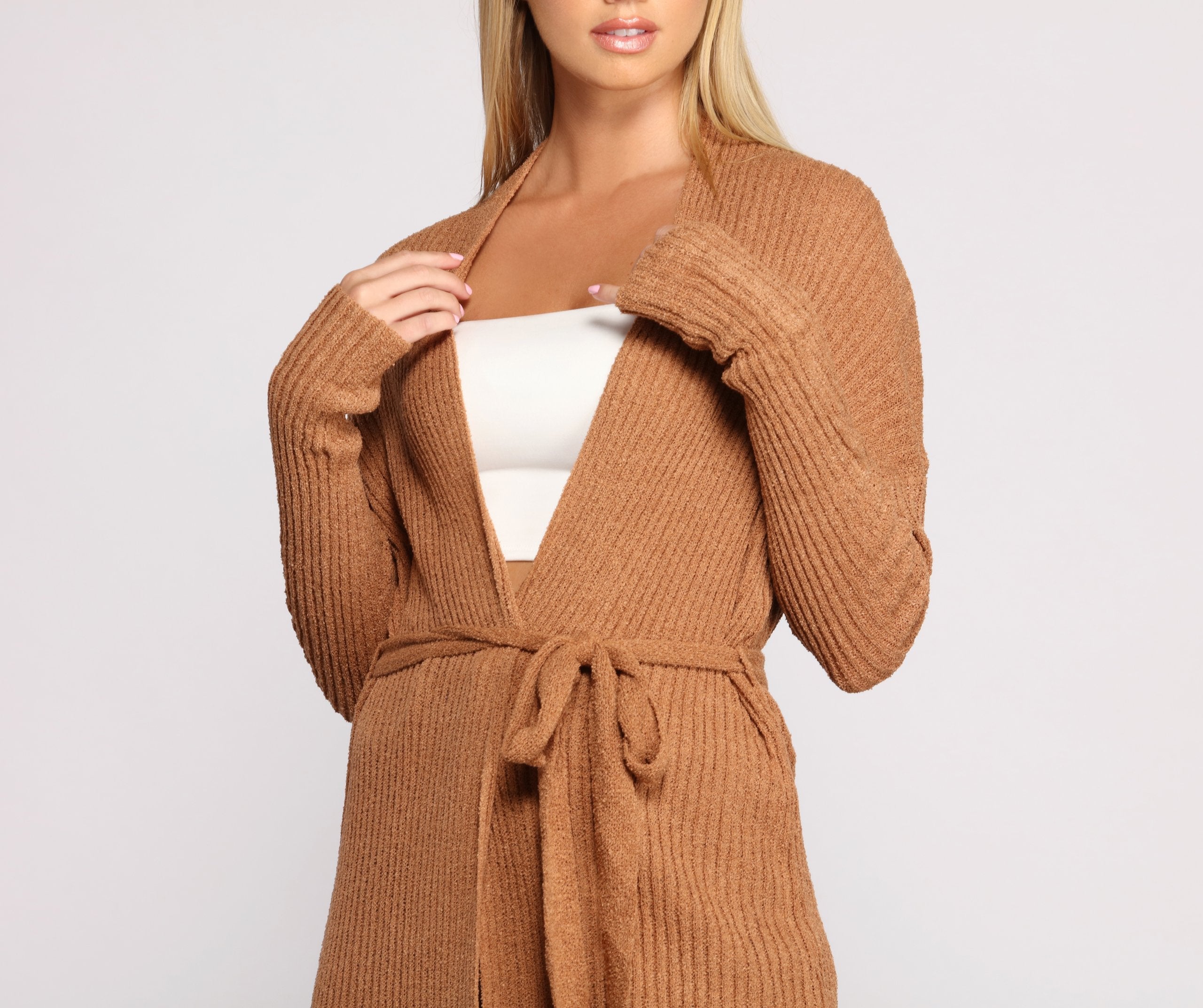 The Every Day Ribbed Tie Waist Cardigan - Lady Occasions