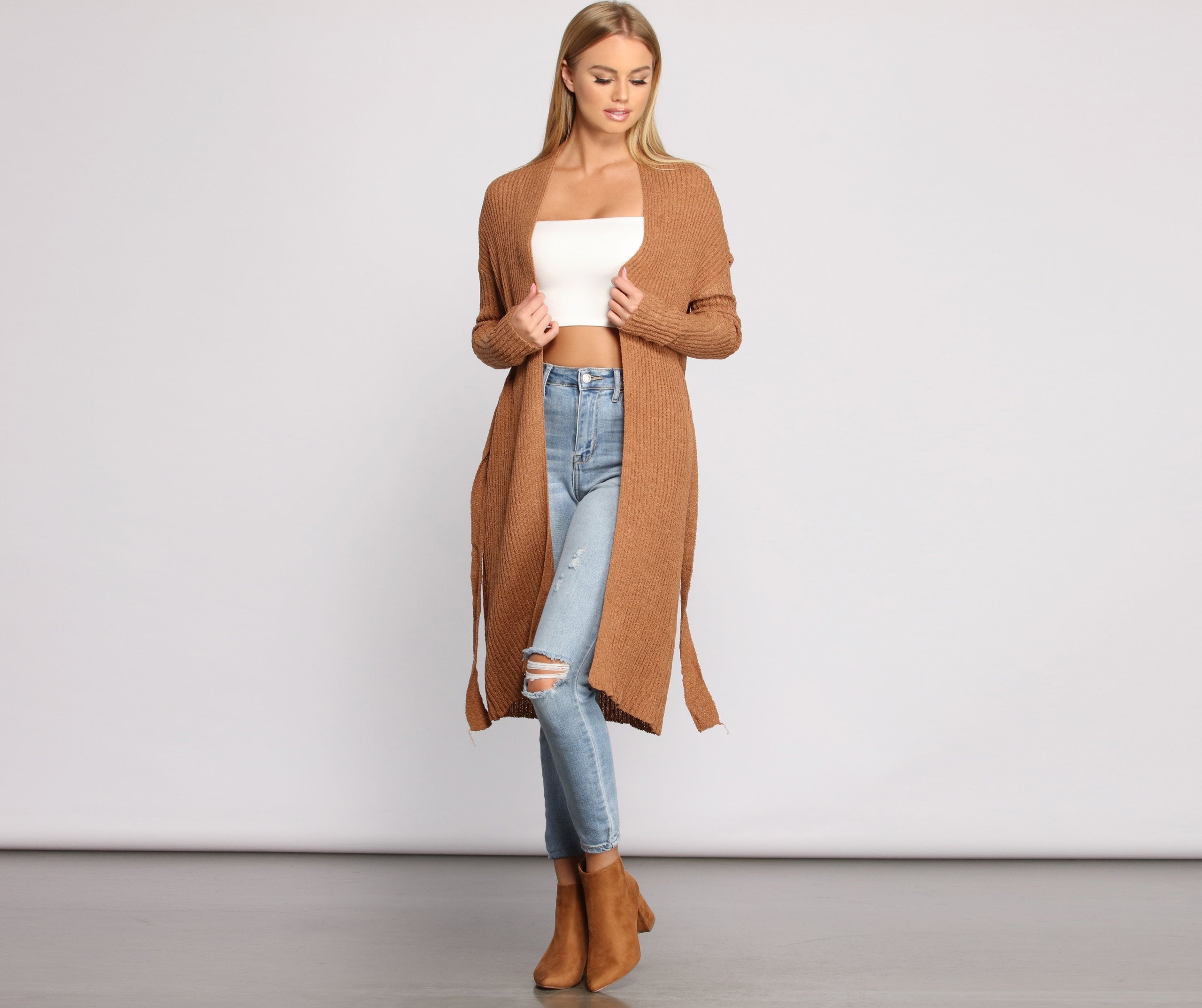 The Every Day Ribbed Tie Waist Cardigan - Lady Occasions