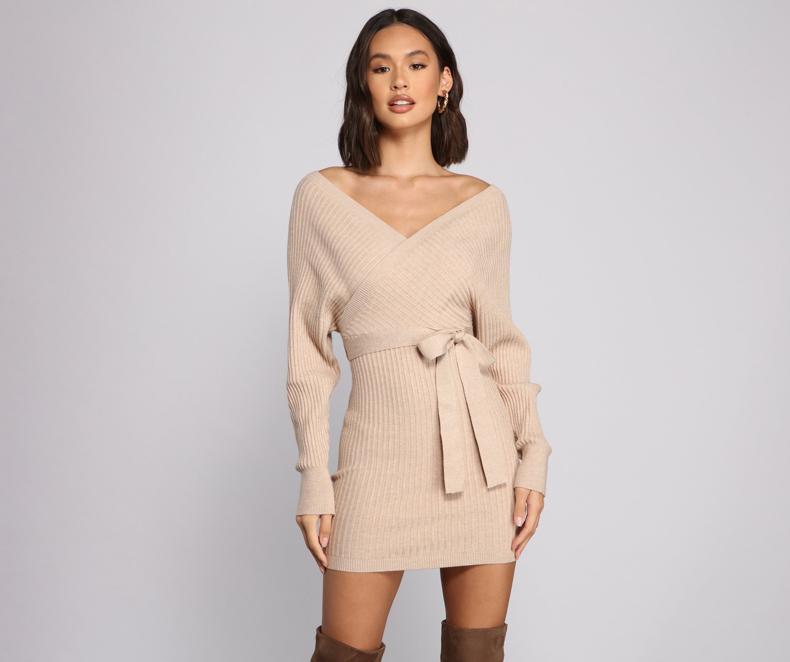 Ribbed Knit Tie-Front Mini Sweater Dress - Lady Occasions