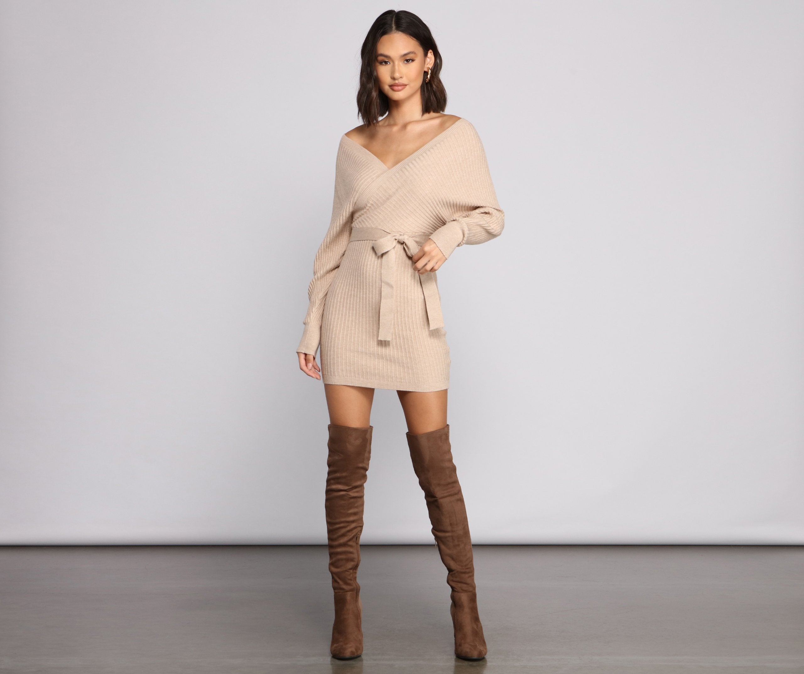 Ribbed Knit Tie-Front Mini Sweater Dress - Lady Occasions