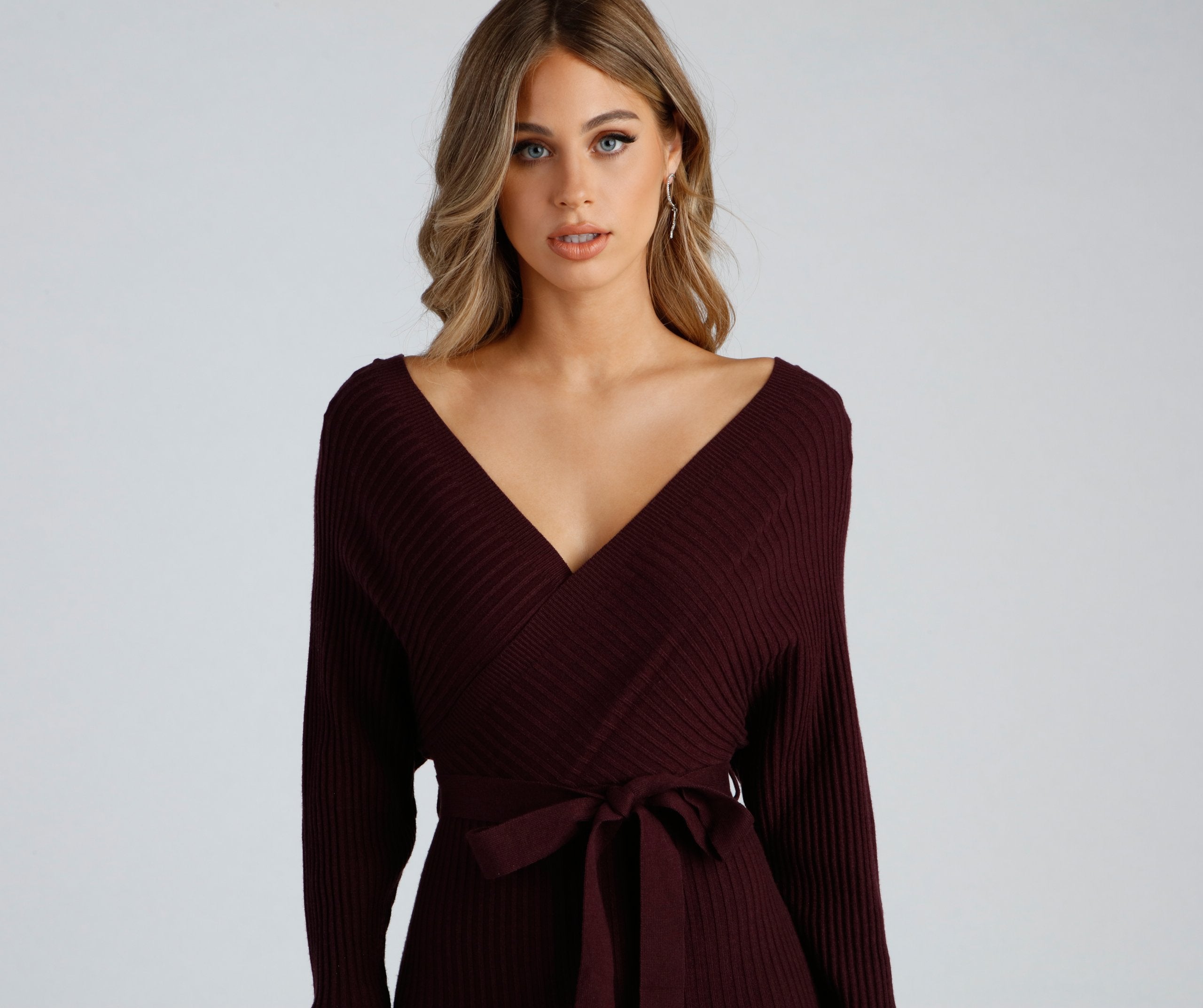 Ribbed Knit Tie-Front Mini Sweater Dress - Lady Occasions