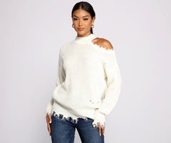 Distressed Cold Shoulder Crew Neck Sweater - Lady Occasions