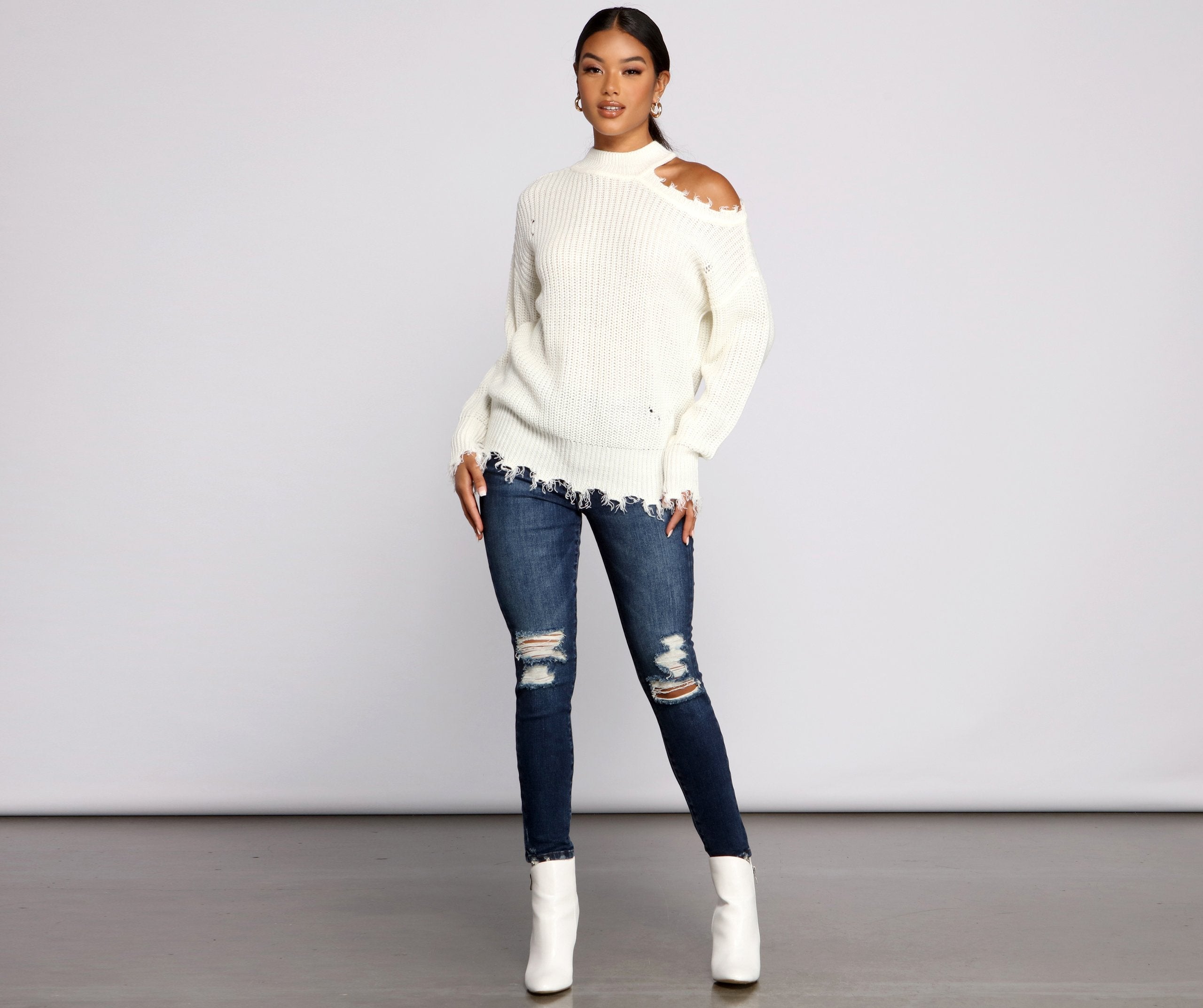 Distressed Cold Shoulder Crew Neck Sweater - Lady Occasions