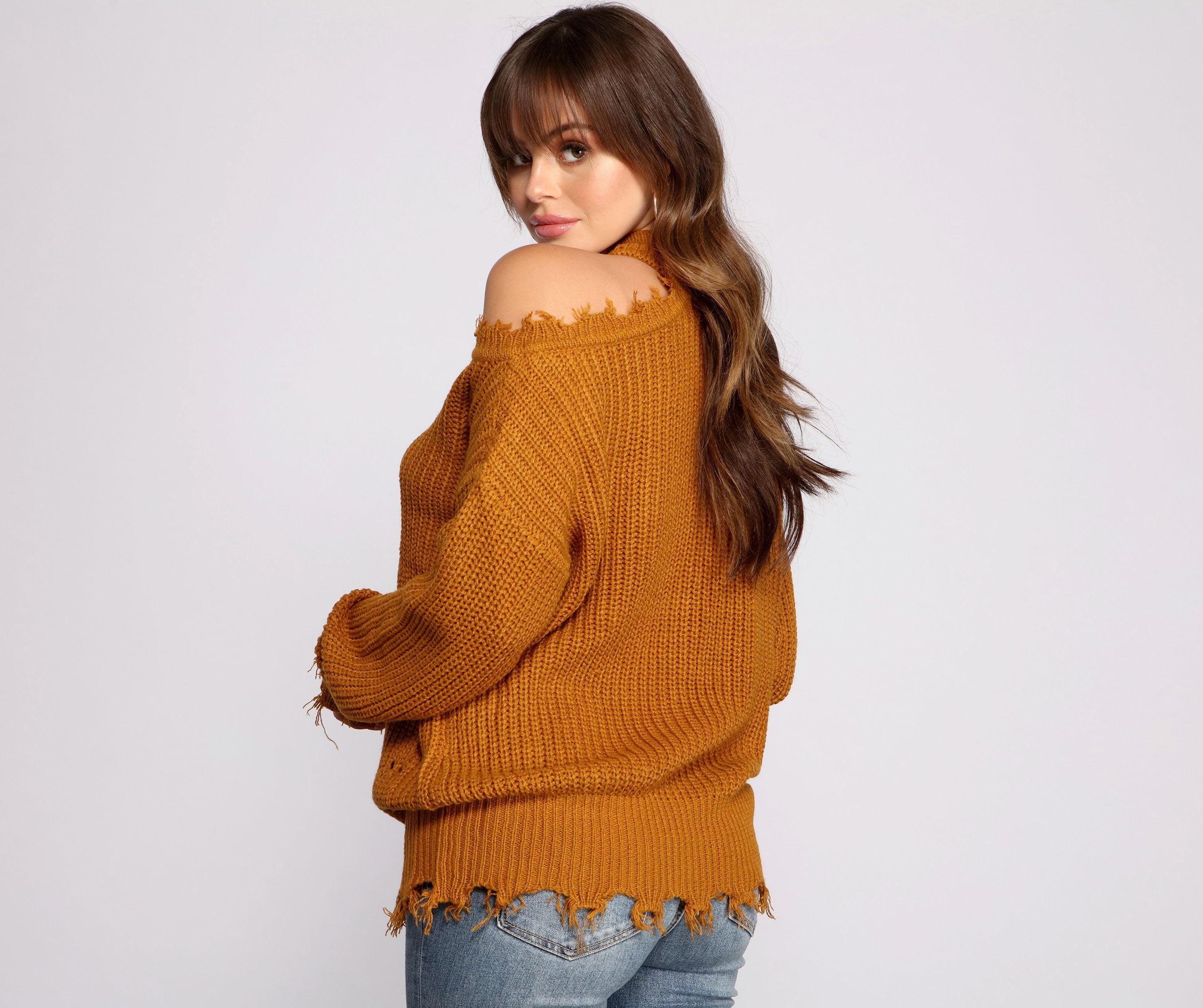 Distressed Cold Shoulder Crew Neck Sweater - Lady Occasions