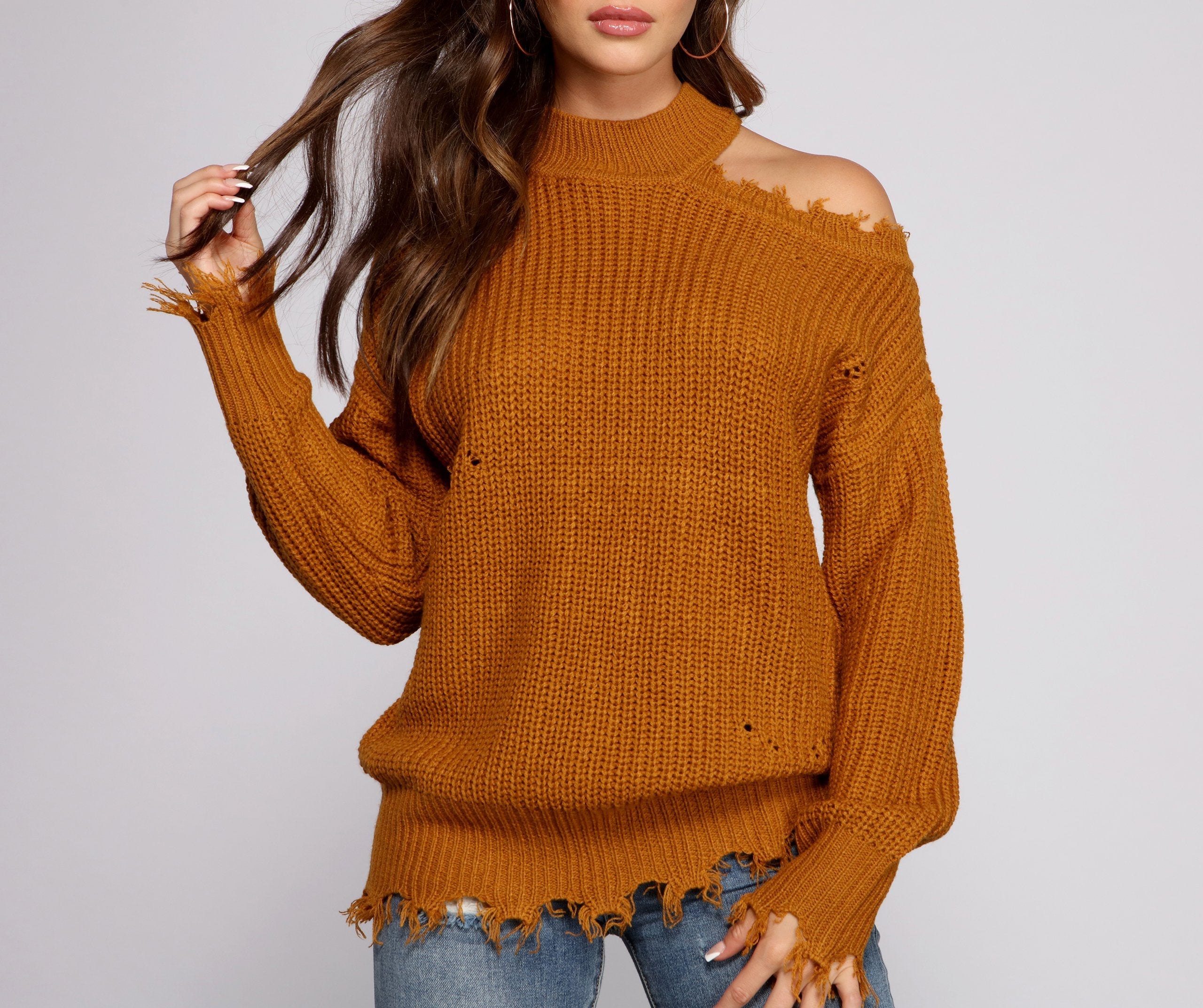 Distressed Cold Shoulder Crew Neck Sweater - Lady Occasions