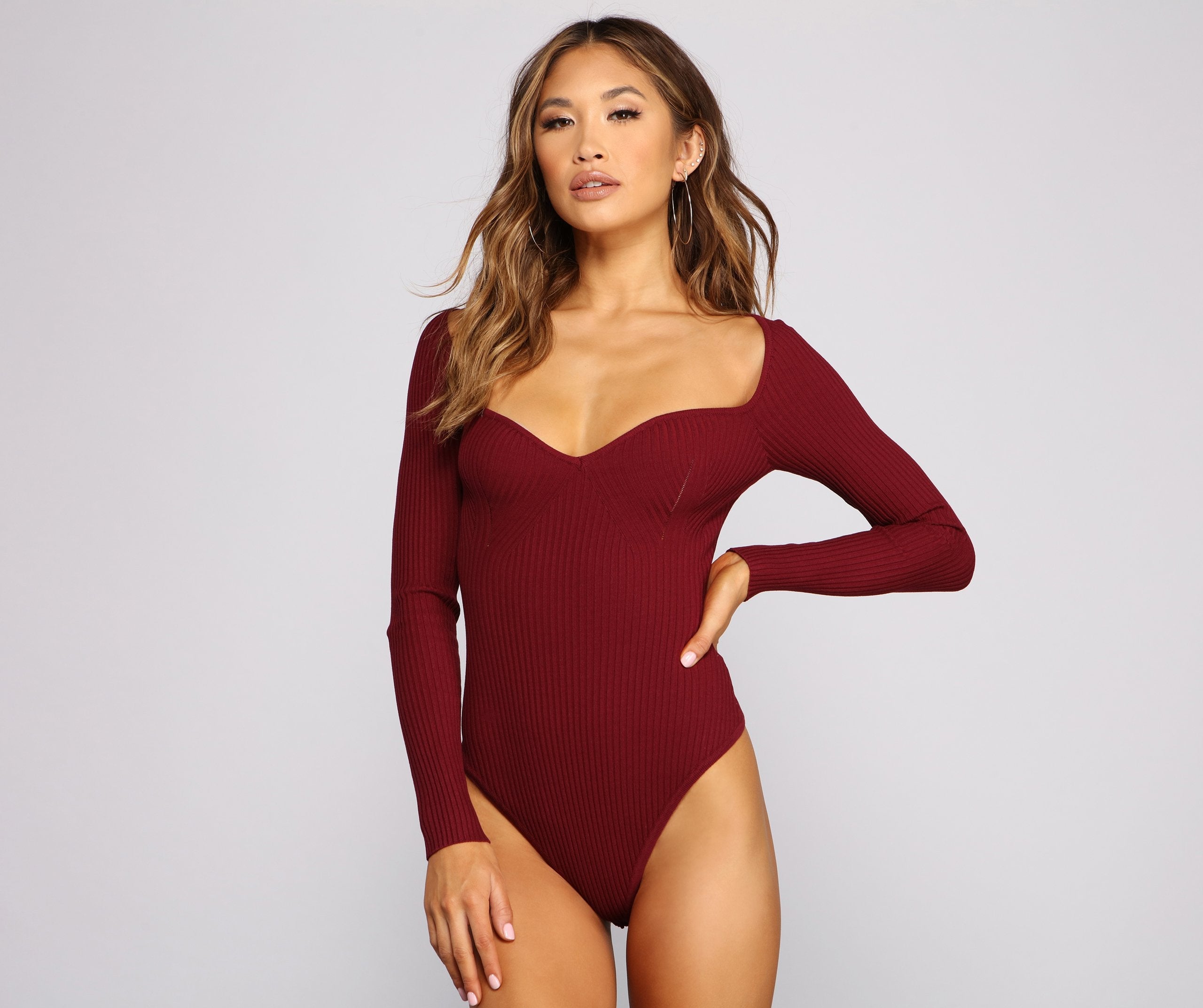 Ribbed Knit Long Sleeve Bodysuit - Lady Occasions