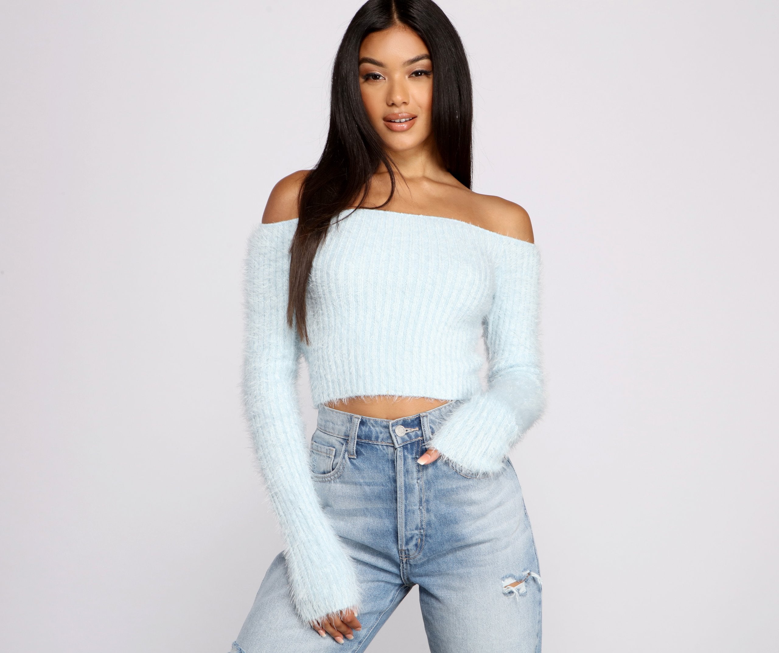 Off The Shoulder Ribbed Eyelash Knit Sweater - Lady Occasions