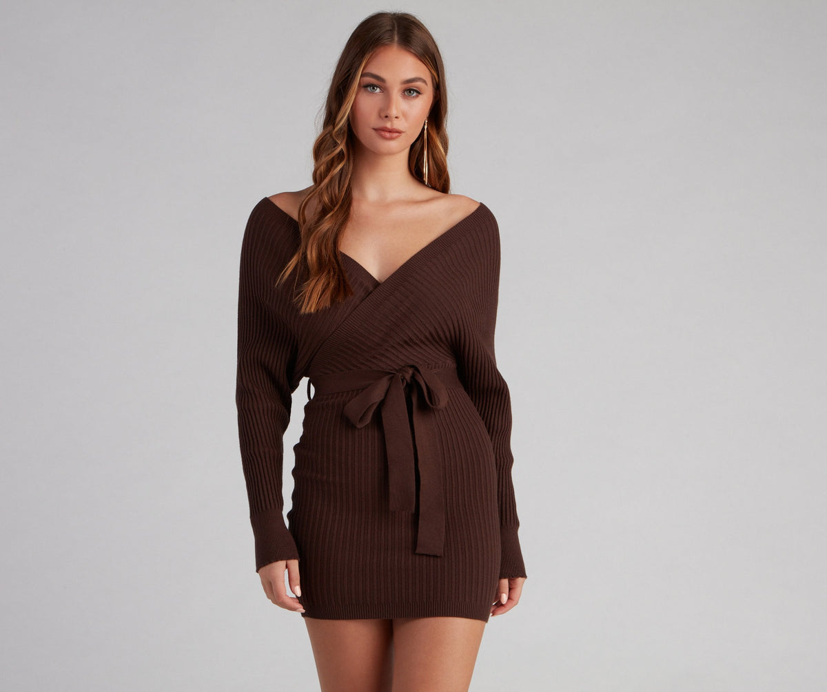 Ribbed Knit Tie-Front Mini Sweater Dress - Lady Occasions