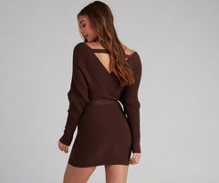 Ribbed Knit Tie-Front Mini Sweater Dress - Lady Occasions