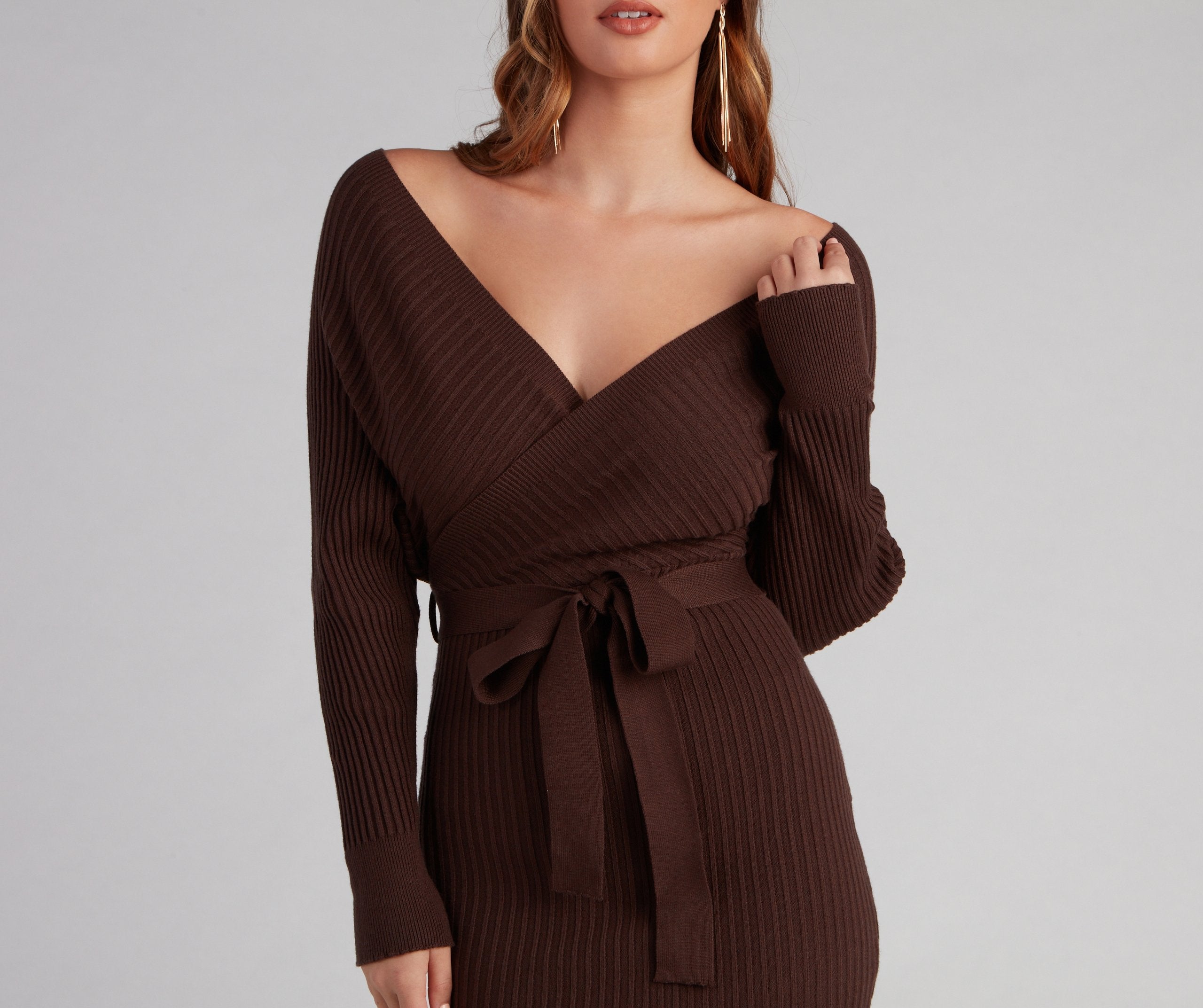 Ribbed Knit Tie-Front Mini Sweater Dress - Lady Occasions