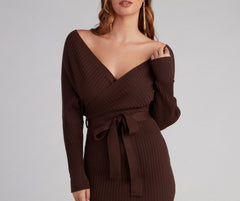 Ribbed Knit Tie-Front Mini Sweater Dress - Lady Occasions