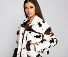On Trend Faux Fur Cow Print Jacket - Lady Occasions