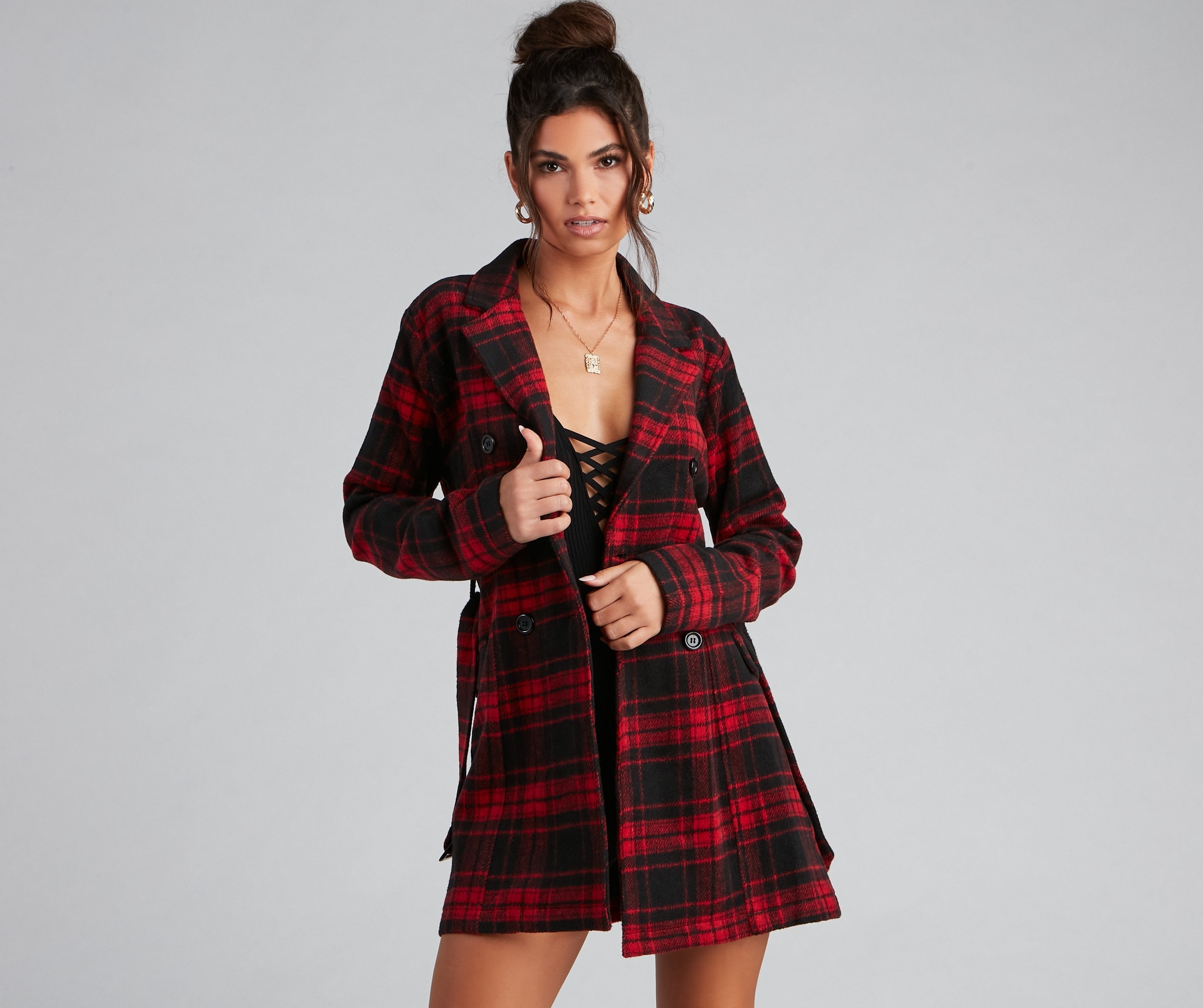 Timeless Chic Plaid Belted Faux Wool Jacket - Lady Occasions