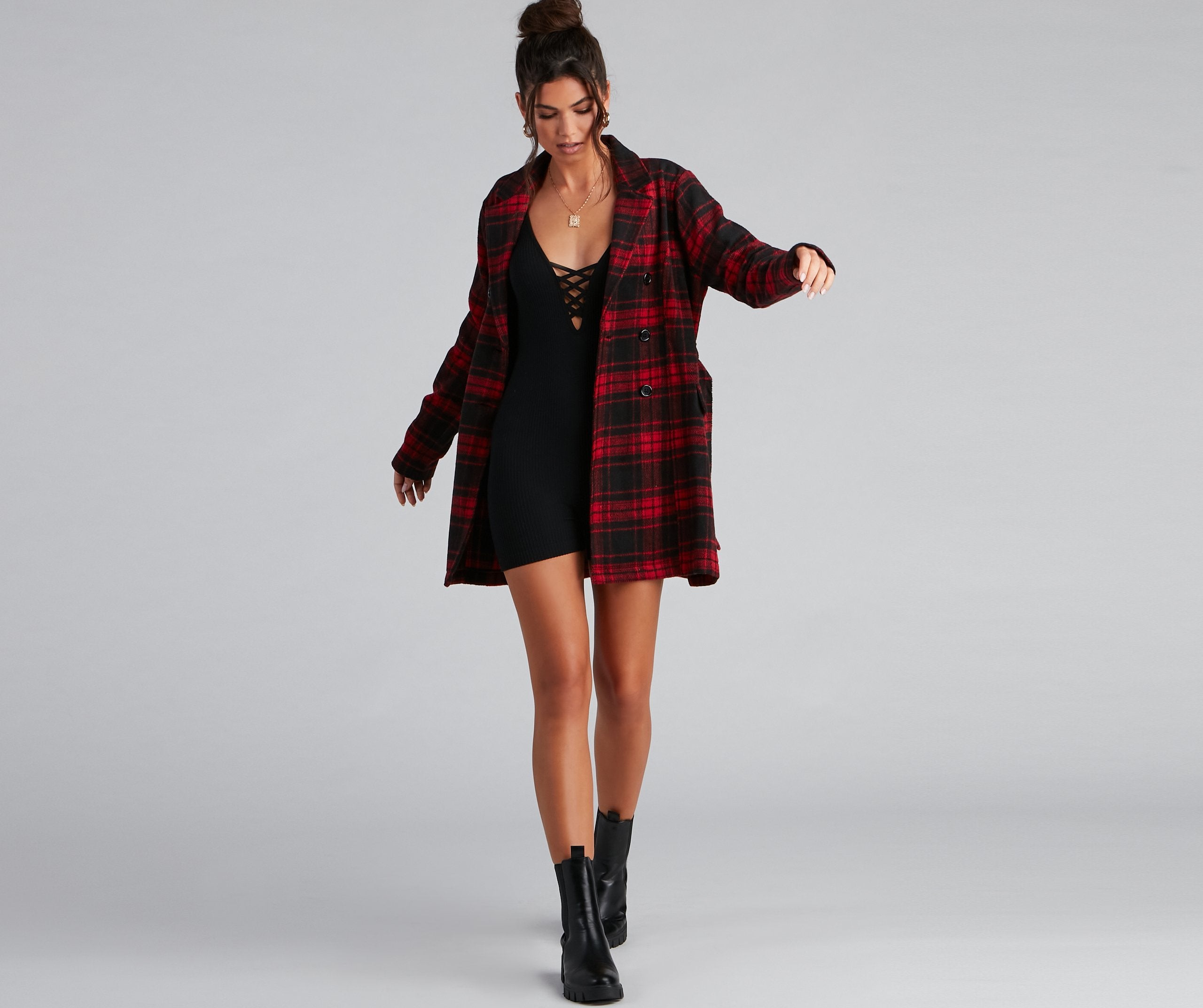 Timeless Chic Plaid Belted Faux Wool Jacket - Lady Occasions