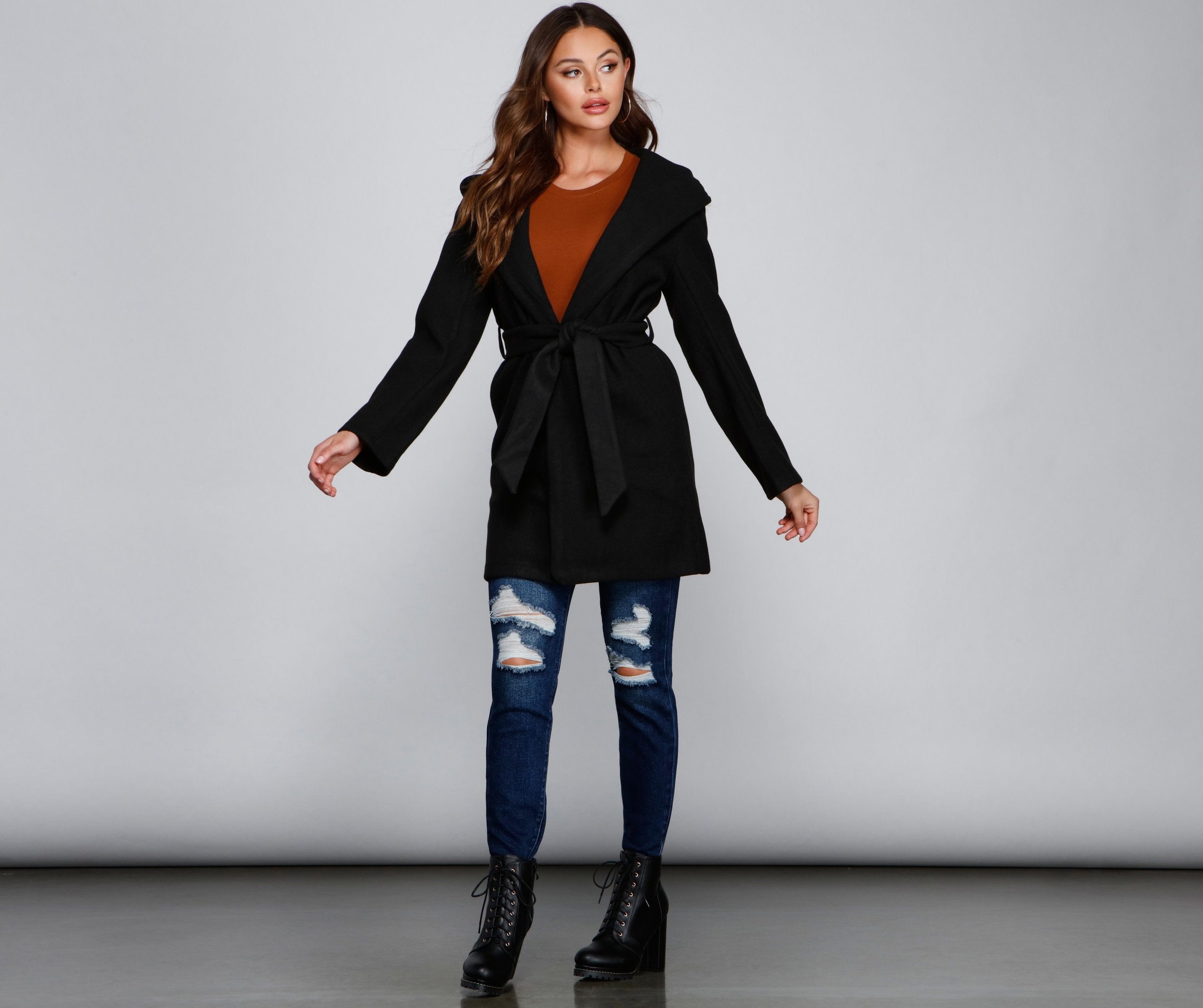 Belted Sophistication Faux Wool Coat - Lady Occasions