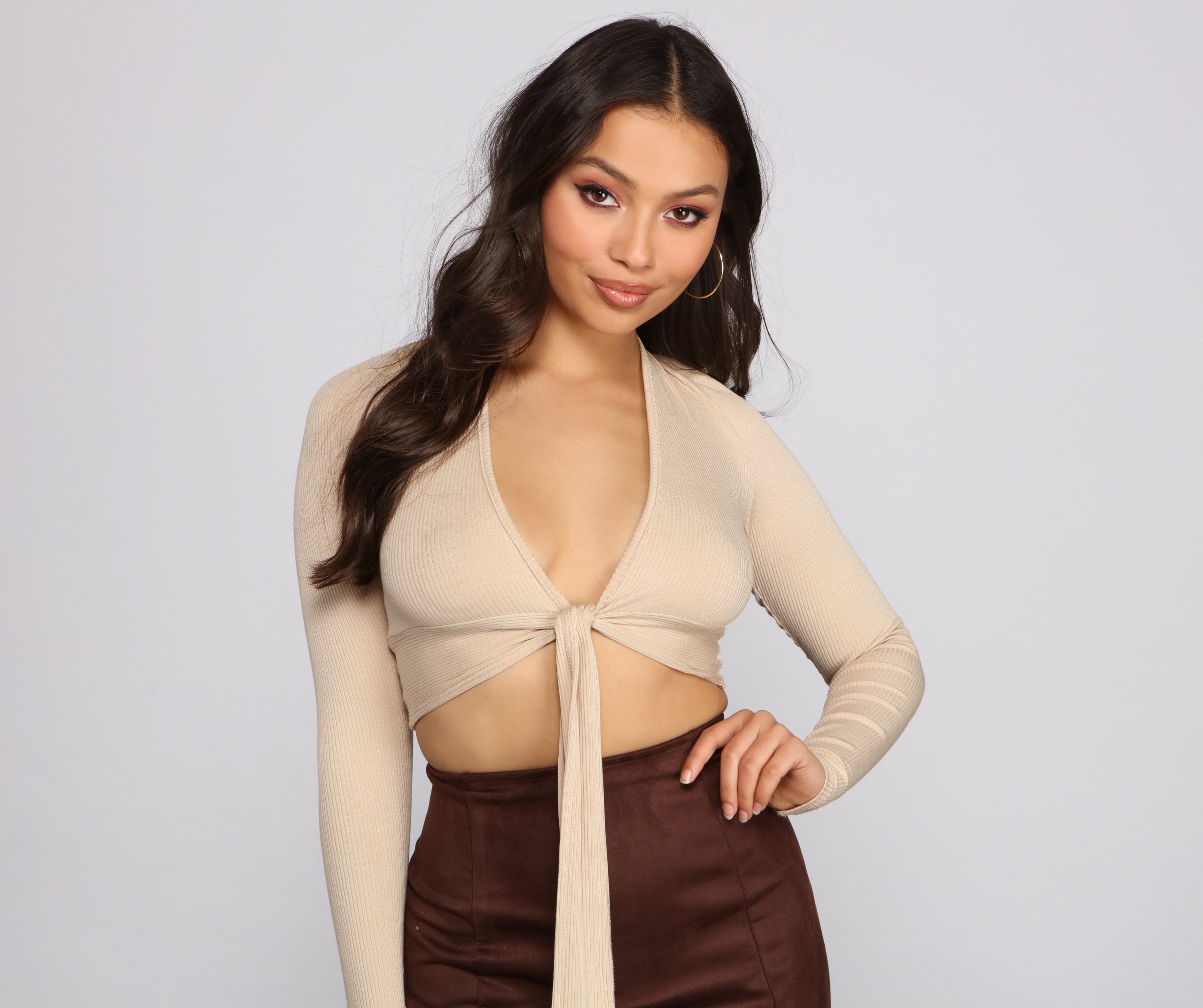 Essential Ribbed Knit Tie-Front Top - Lady Occasions