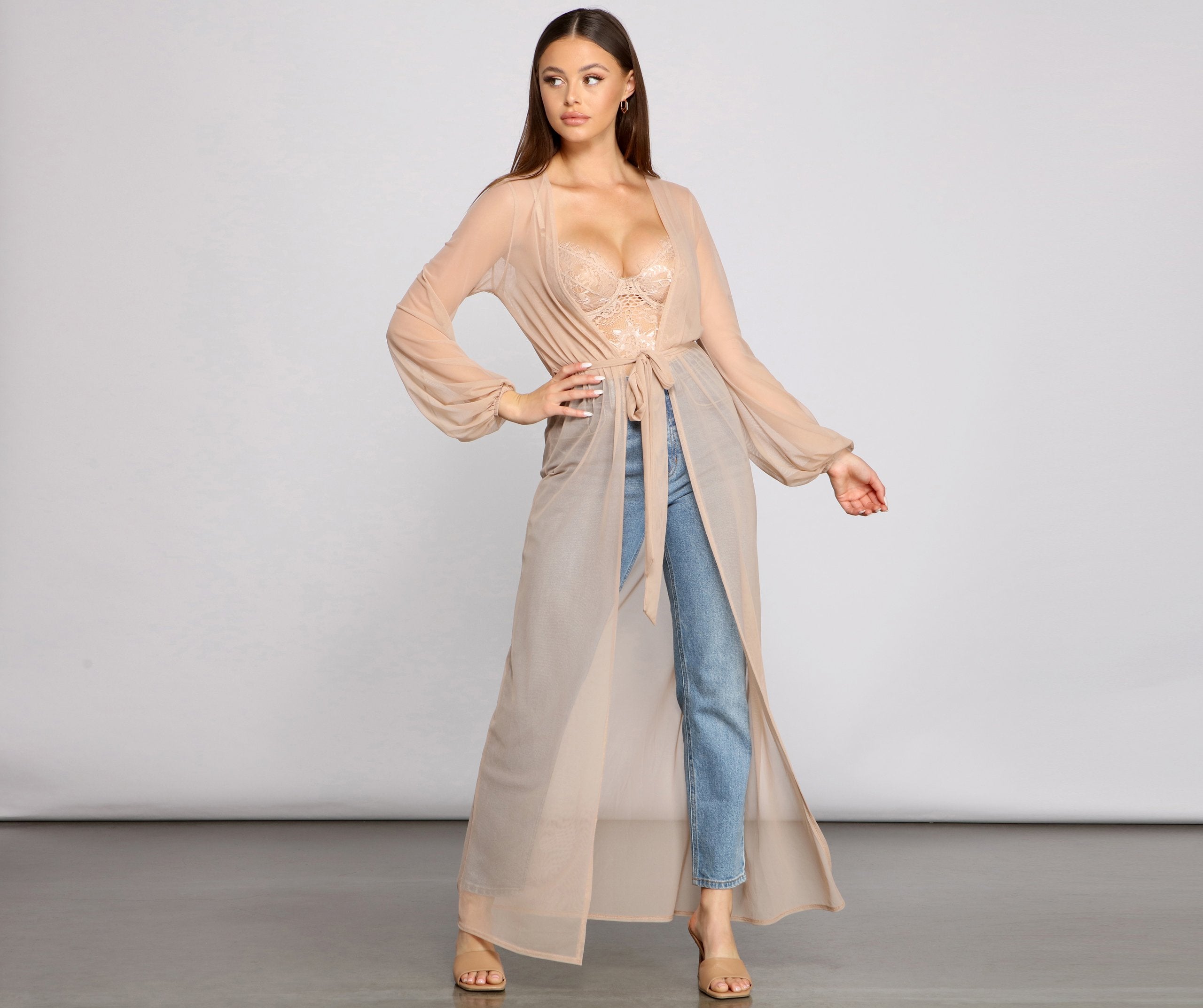 Mesh Tie Waist Long Duster - Lady Occasions