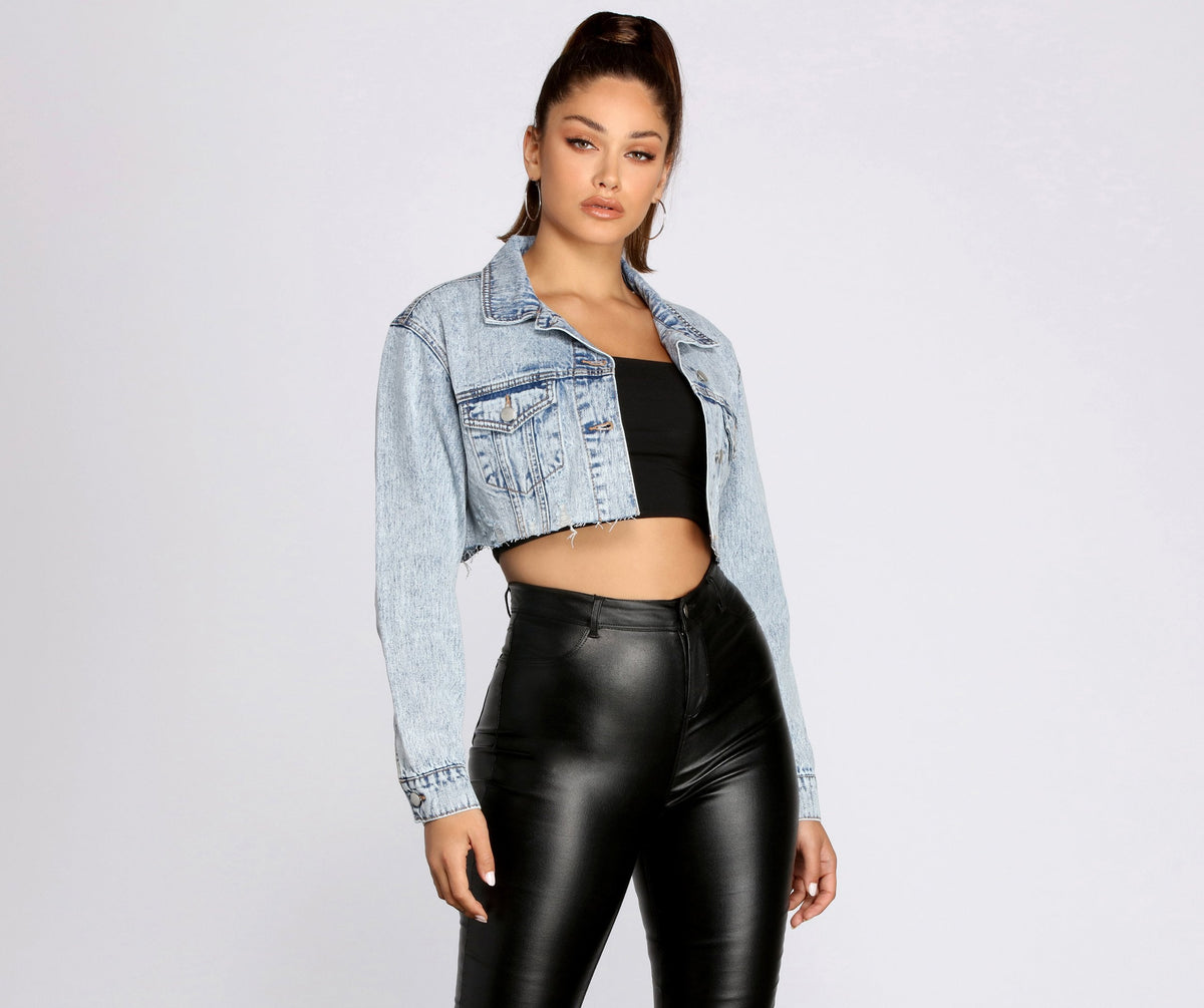 Frayed So Acid Wash Cropped Denim Jacket - Lady Occasions