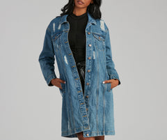 Distressed Denim Long Line Jacket - Lady Occasions