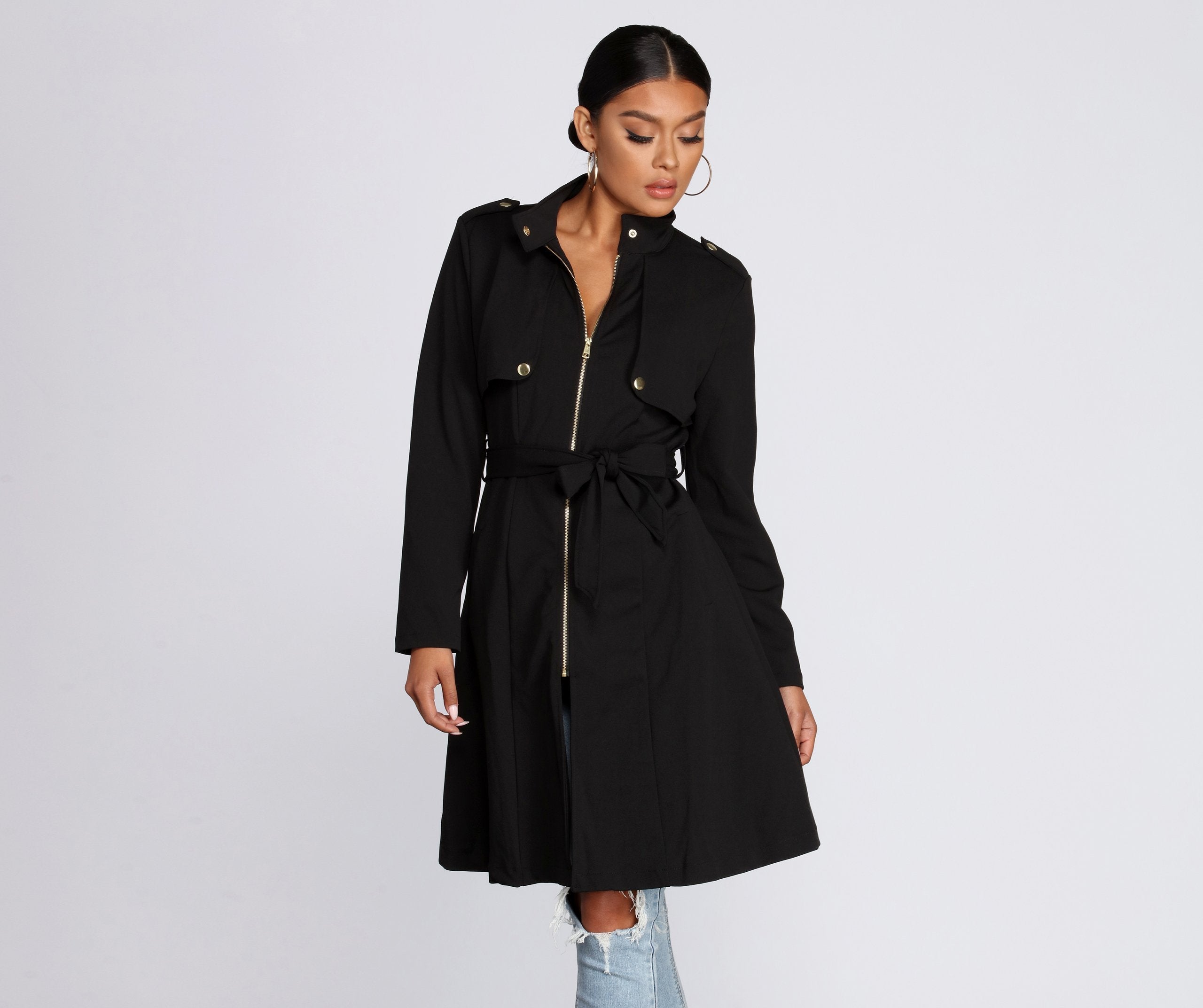 Feminine Flare Zip Up Trench Coat - Lady Occasions