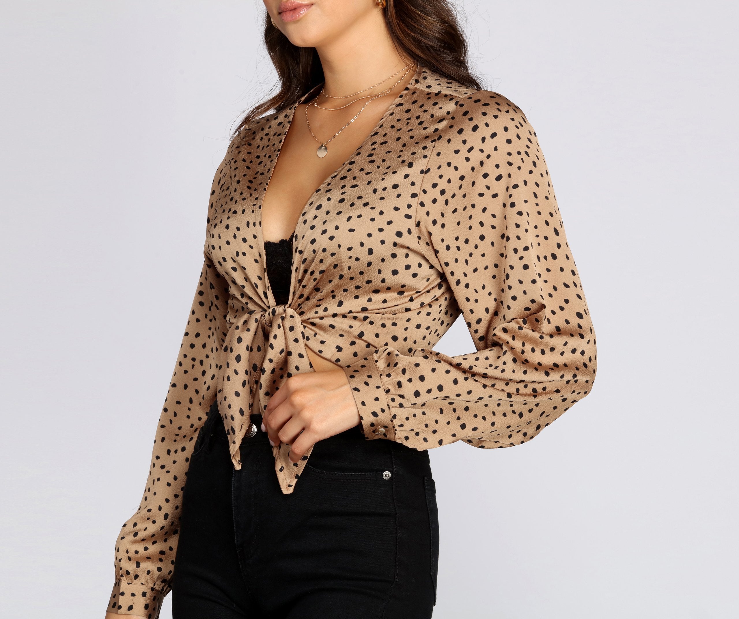 Polka Dot Party Tie Front Top - Lady Occasions