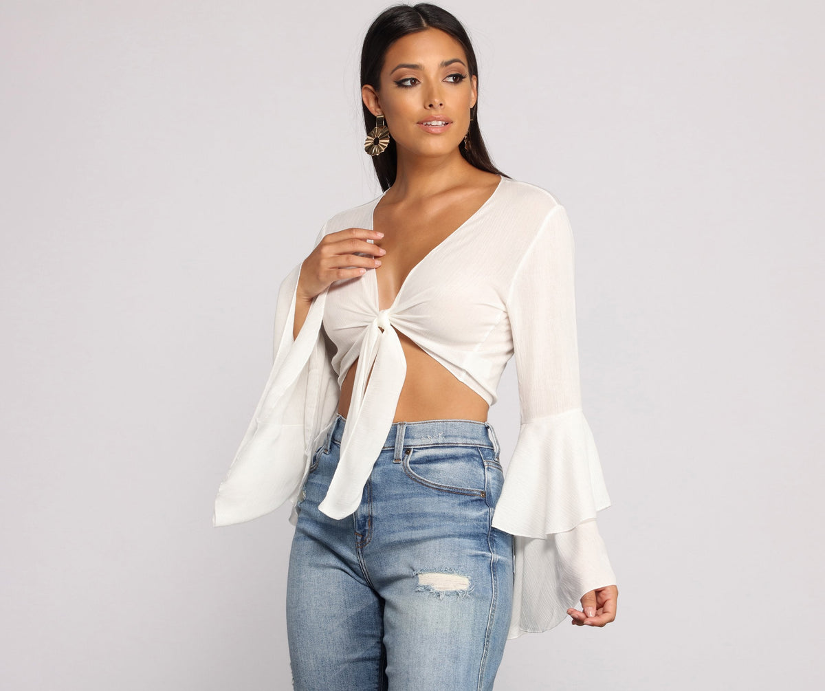 Woven Tie Front Bell Sleeve Crop Top - Lady Occasions