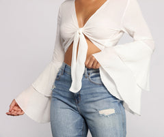 Woven Tie Front Bell Sleeve Crop Top - Lady Occasions