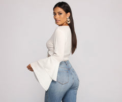 Woven Tie Front Bell Sleeve Crop Top - Lady Occasions