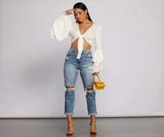 Woven Tie Front Bell Sleeve Crop Top - Lady Occasions