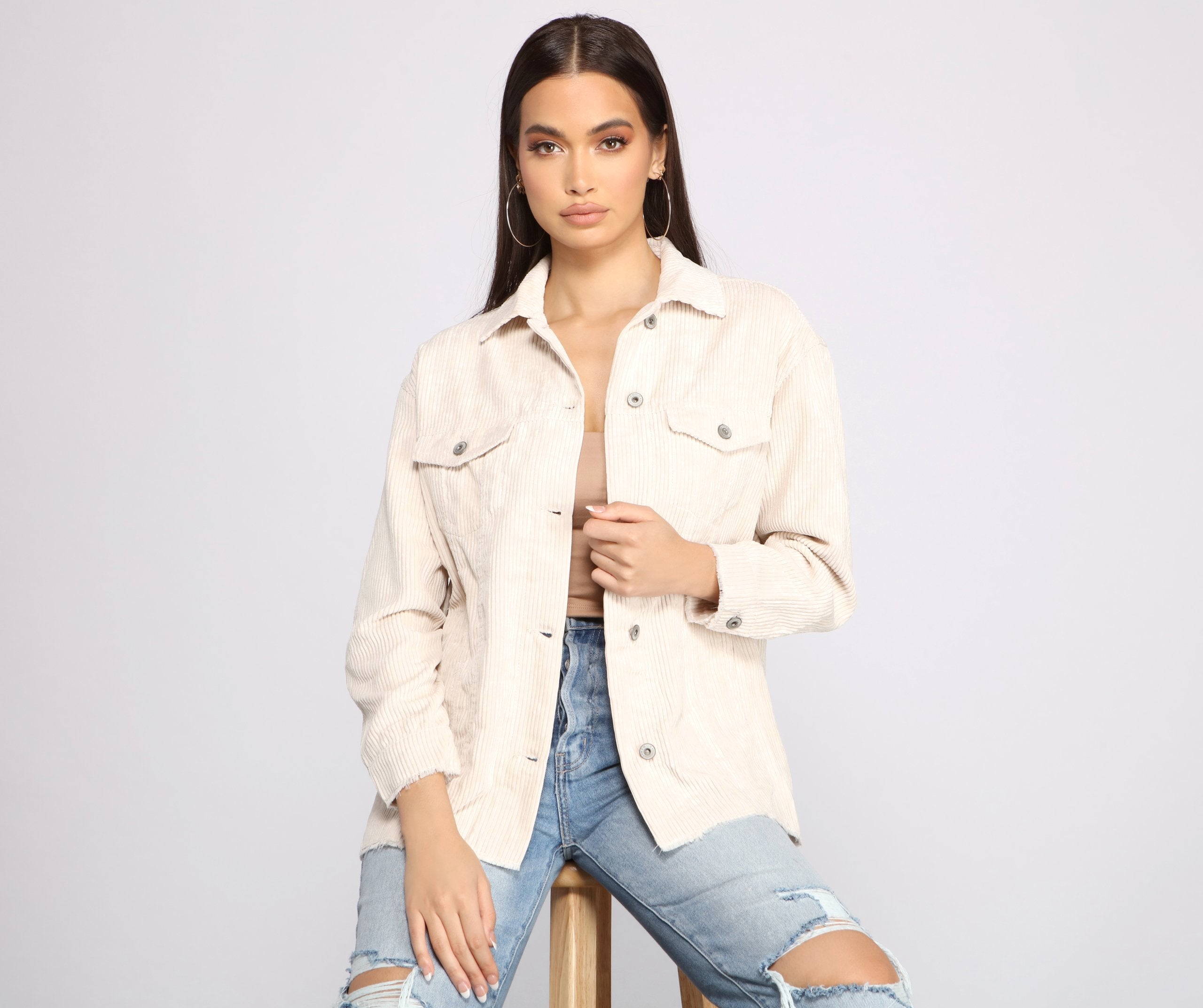 Trendy Corduroy Button-Up Shacket - Lady Occasions