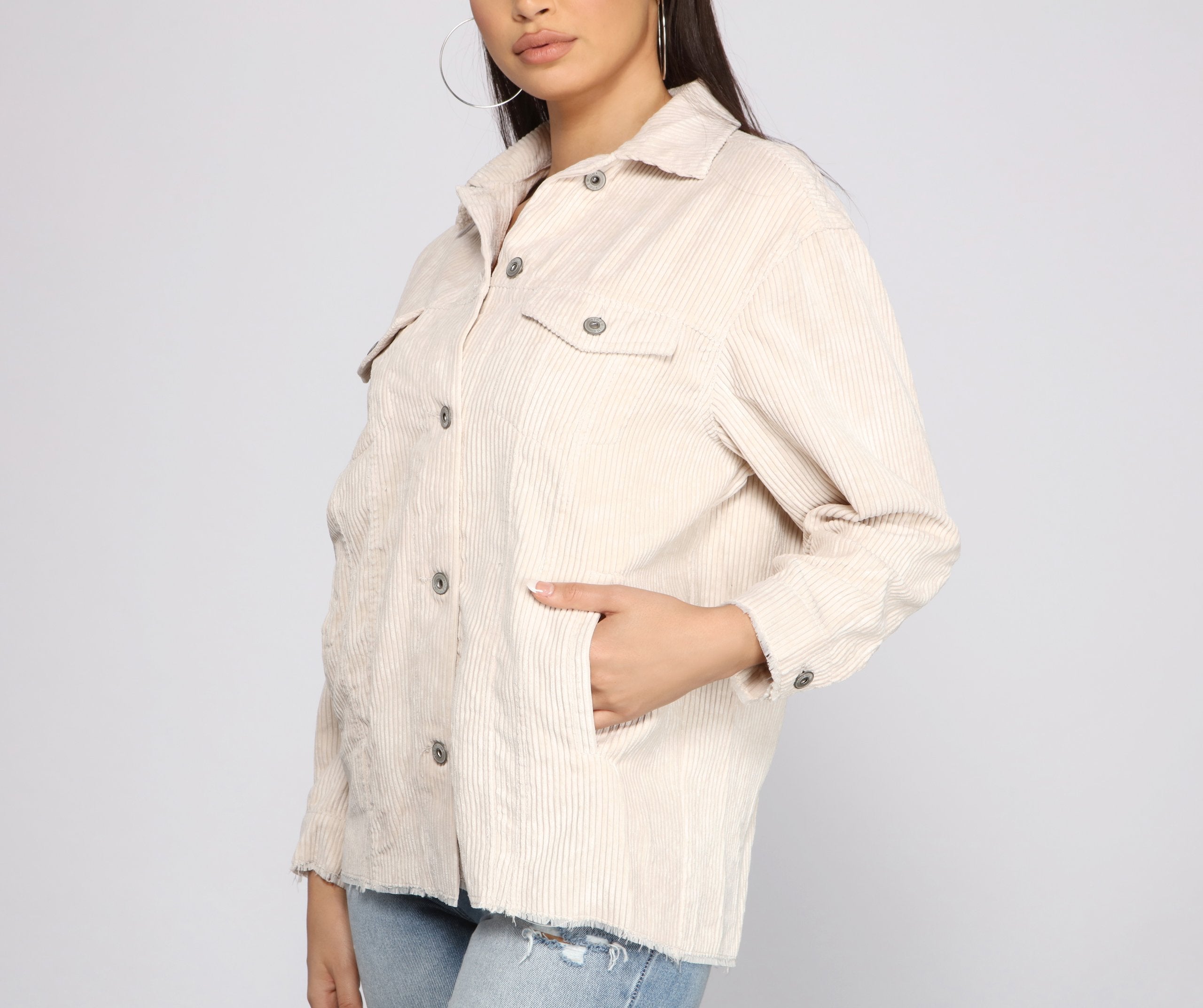 Trendy Corduroy Button-Up Shacket - Lady Occasions