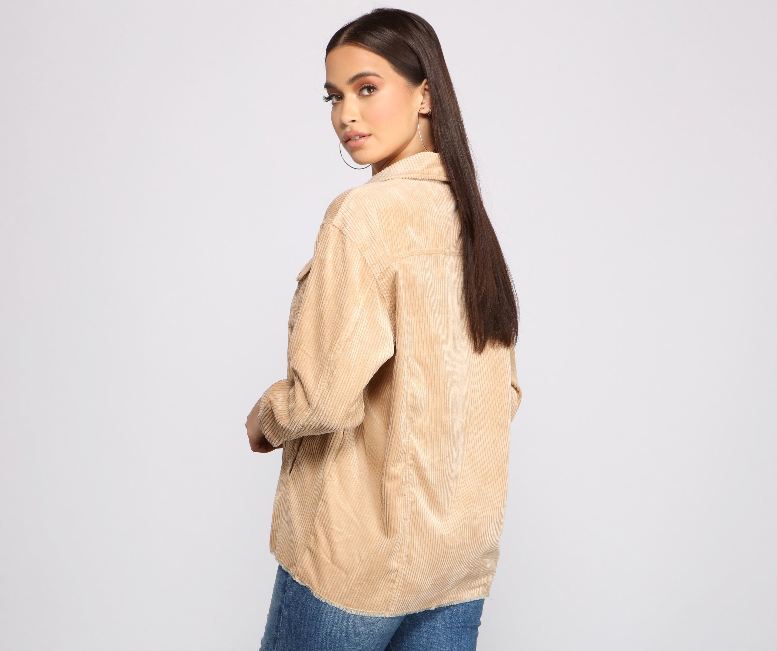 Trendy Corduroy Button-Up Shacket - Lady Occasions