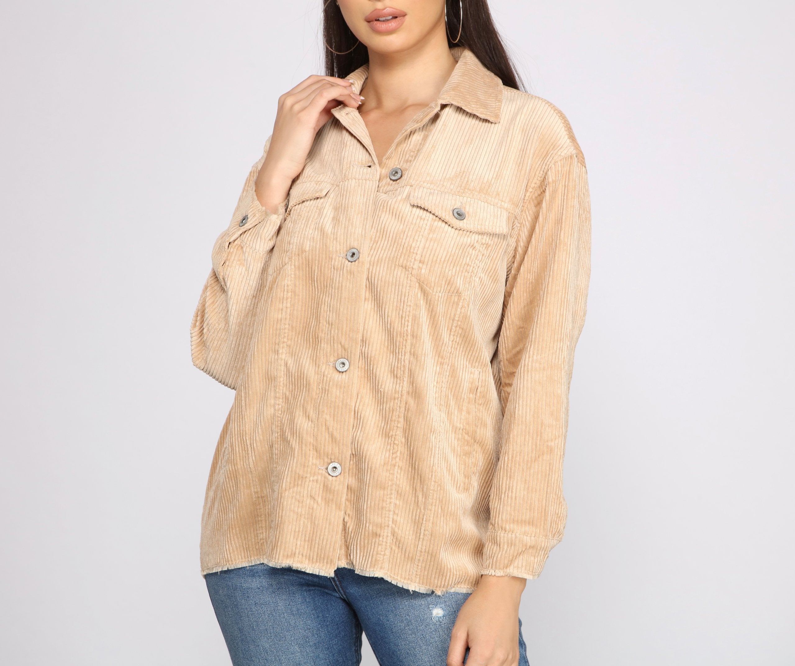 Trendy Corduroy Button-Up Shacket - Lady Occasions