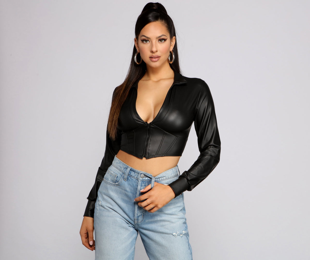 An Edgy Vibe Faux Leather Crop Top - Lady Occasions