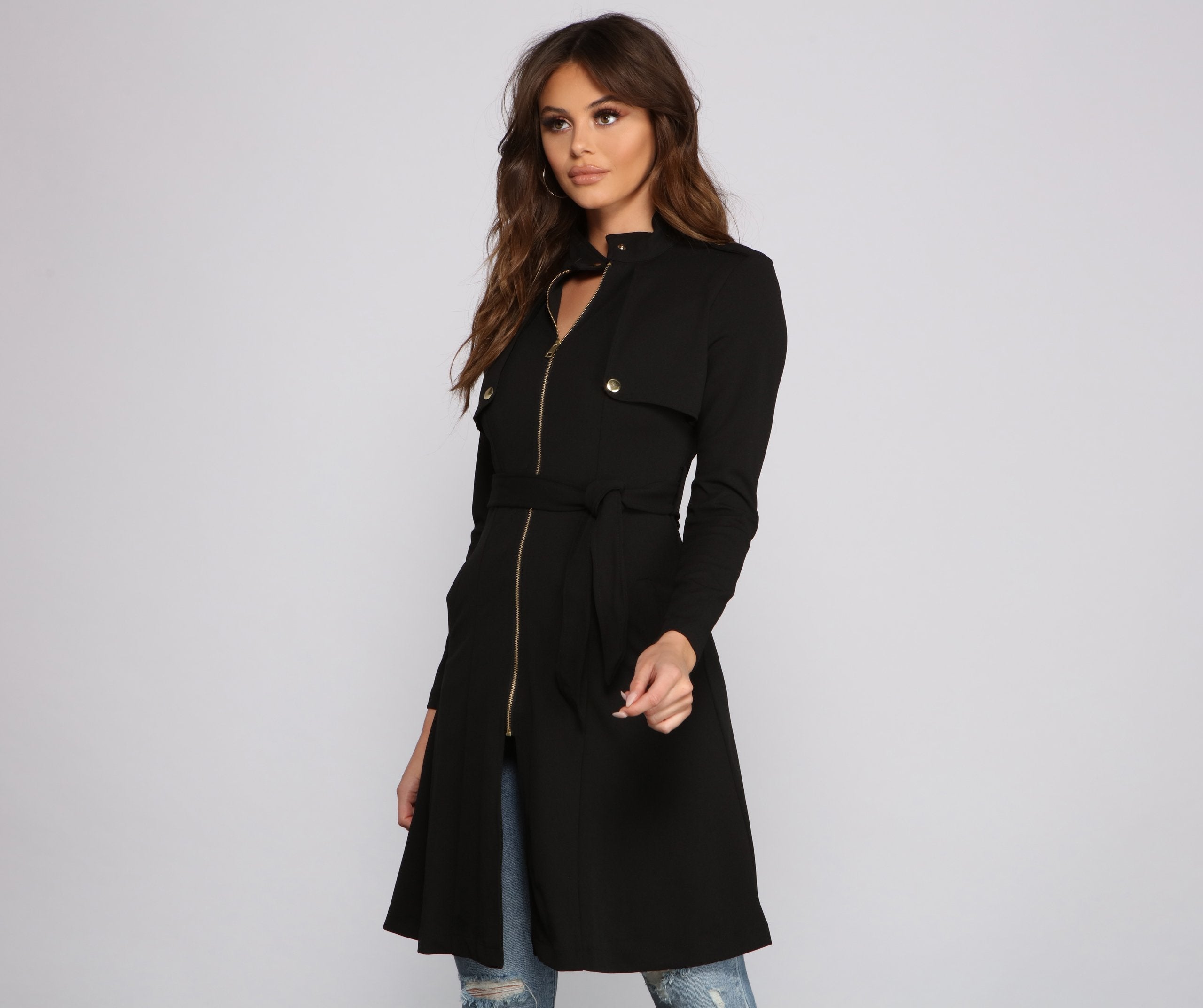 Belted Sophistication Crepe Trench Dress - Lady Occasions
