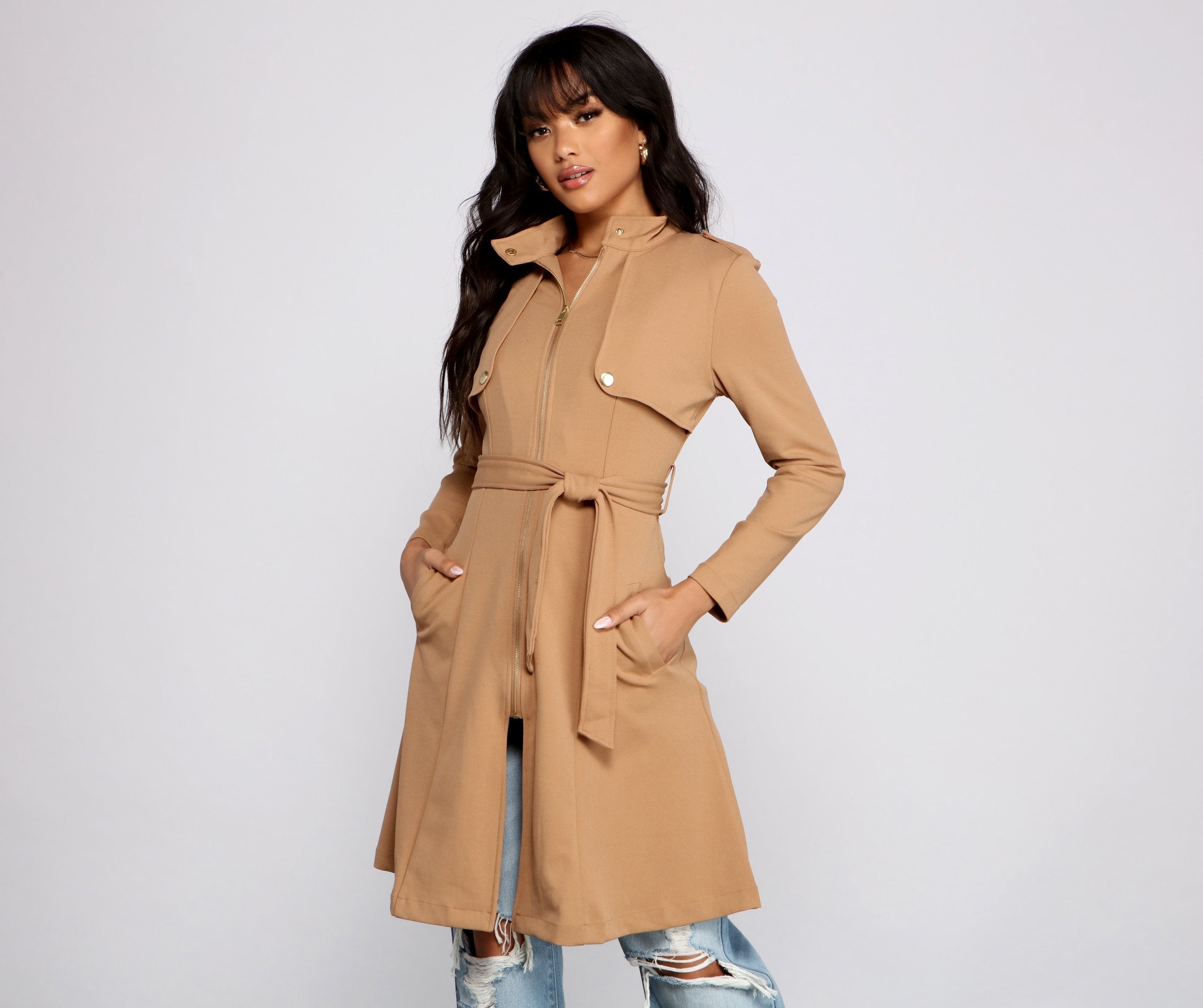 Belted Sophistication Crepe Trench Dress - Lady Occasions