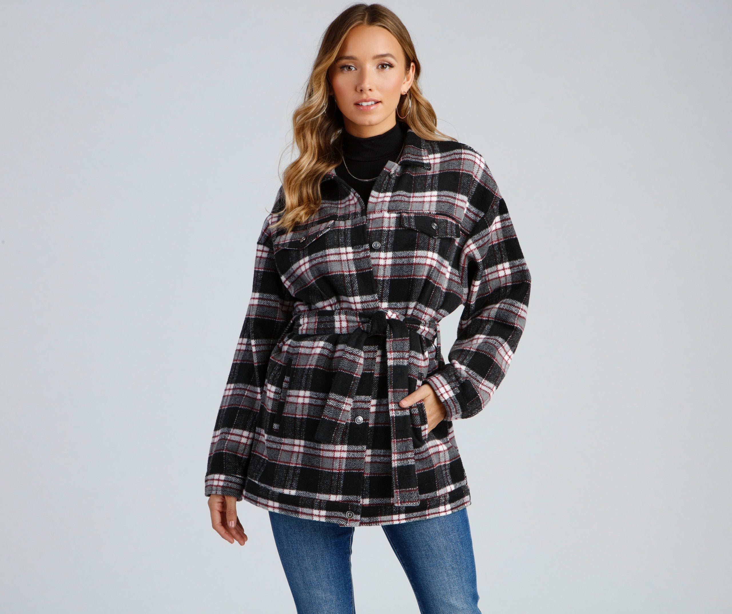 The One Belted Flannel Shacket - Lady Occasions