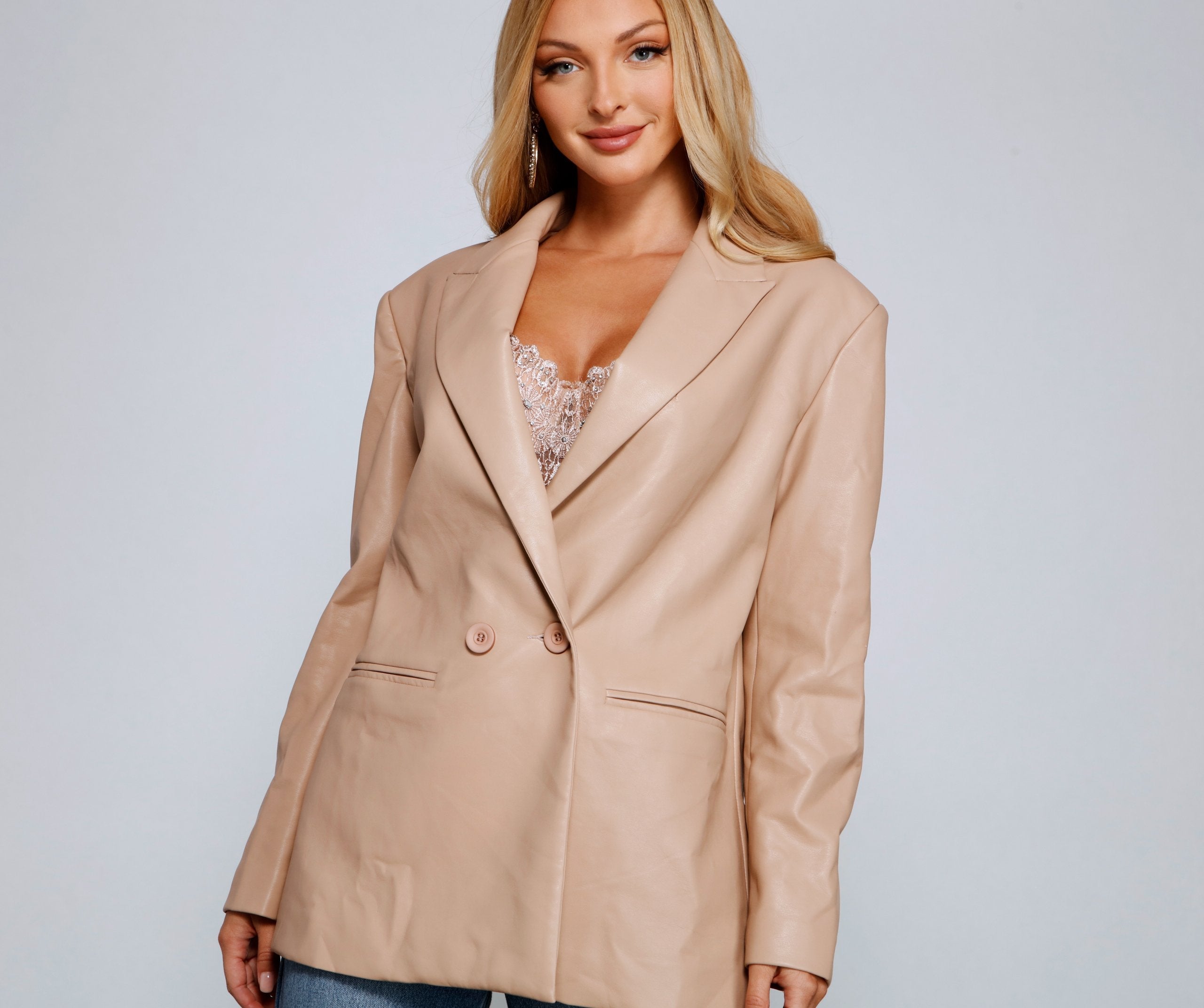 Trendy Oversized Faux Leather Blazer - Lady Occasions