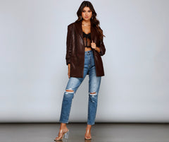 Trendy Oversized Faux Leather Blazer - Lady Occasions