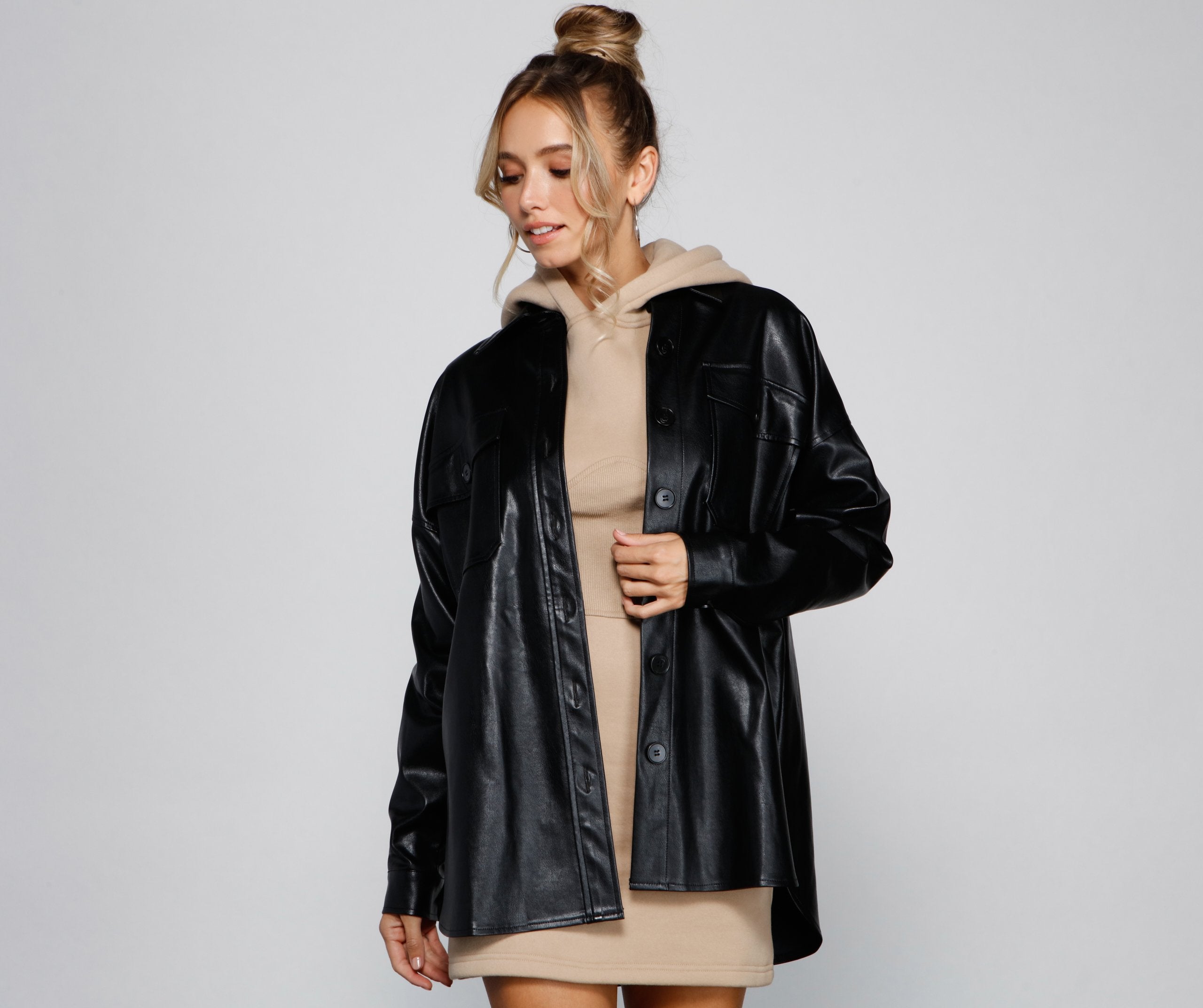 Essential Faux Leather Long Shacket - Lady Occasions