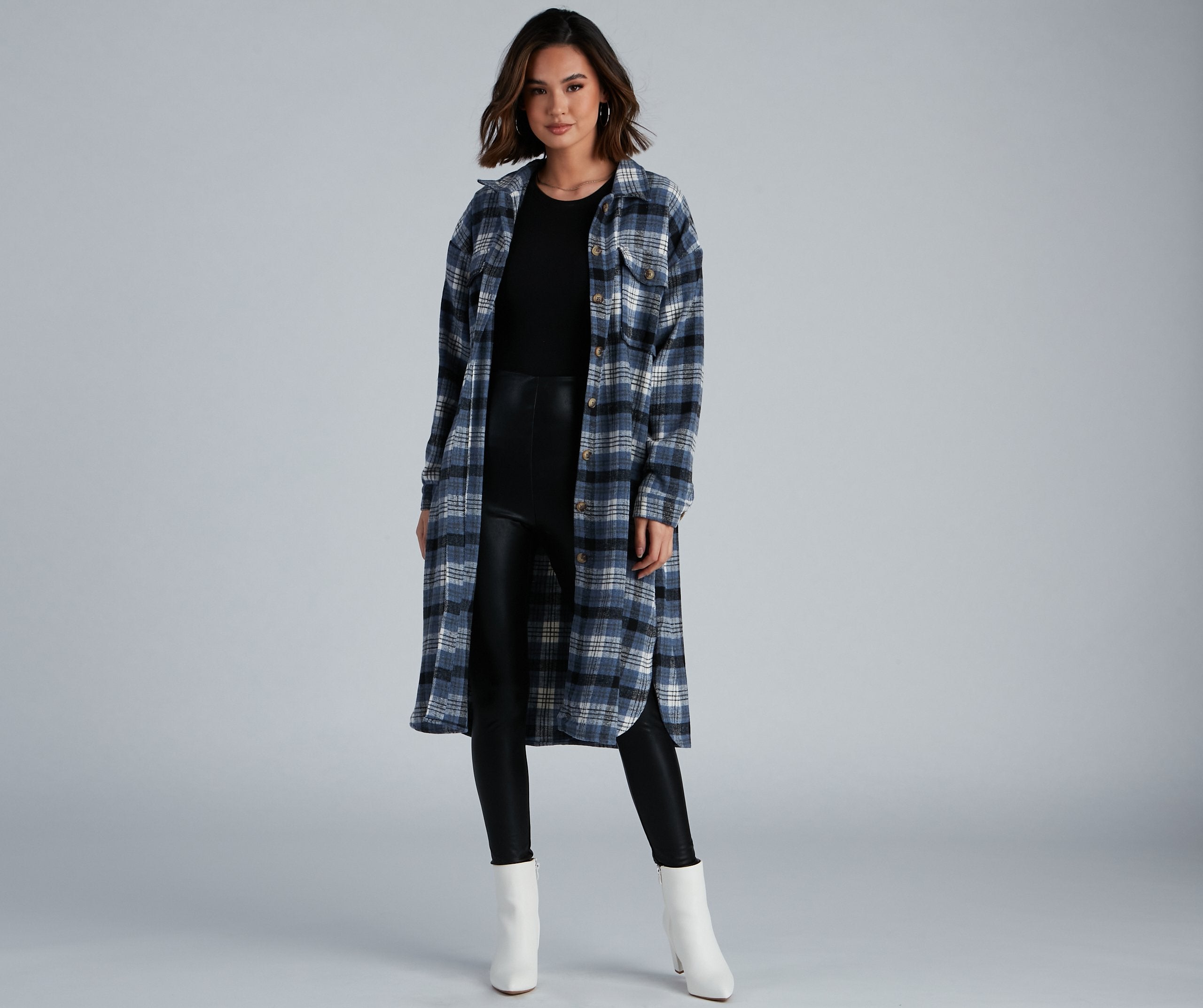 Casual-Cozy Long Line Plaid Shacket - Lady Occasions