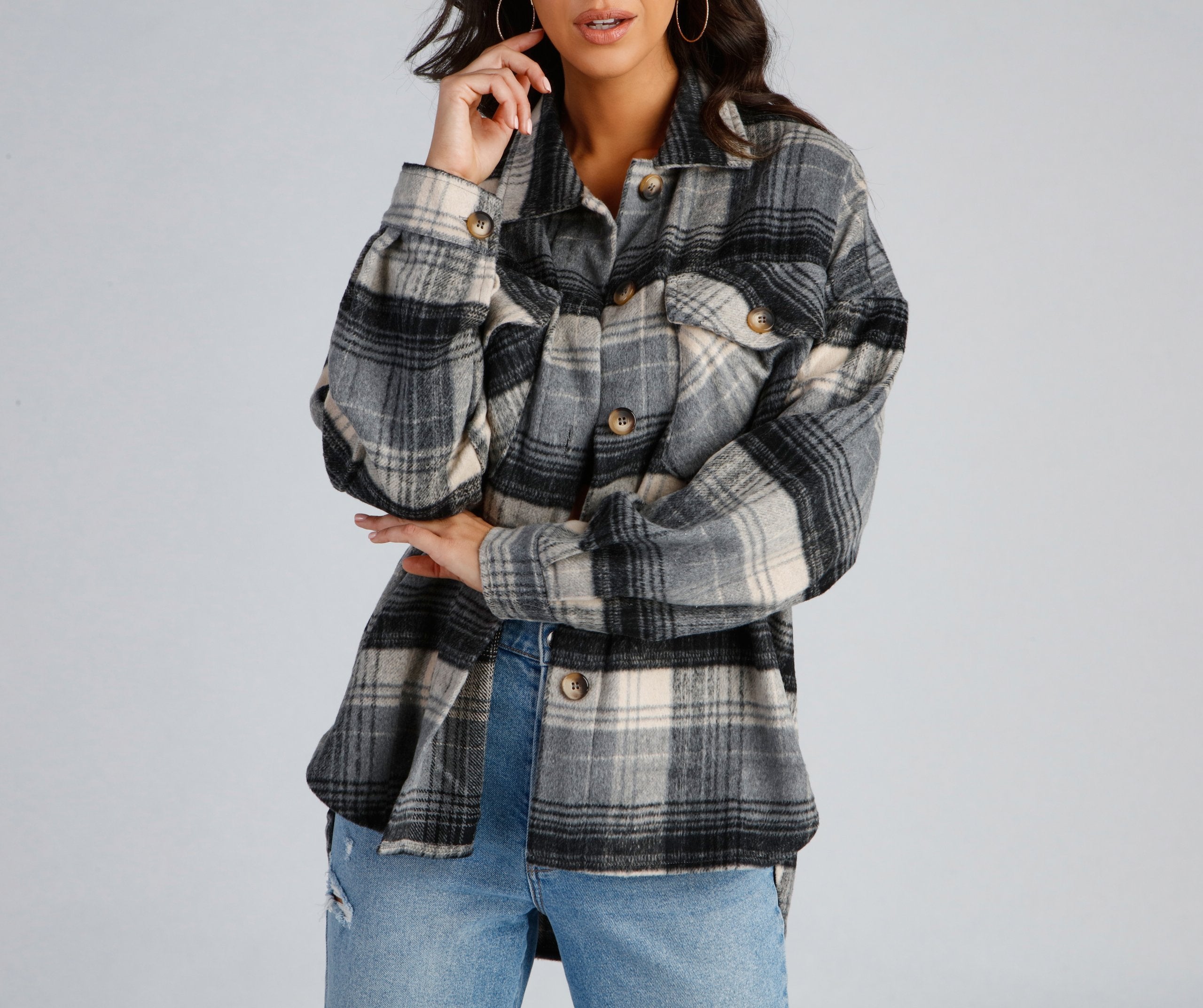 Falling For Plaid Fleece Shacket - Lady Occasions