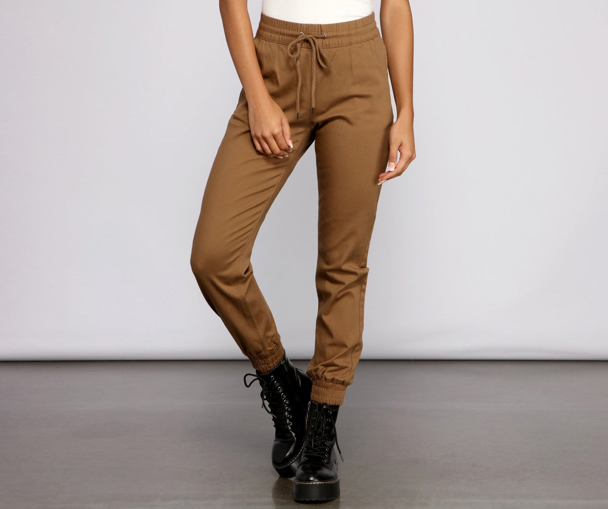 Basic High Waist Twill Joggers - Lady Occasions