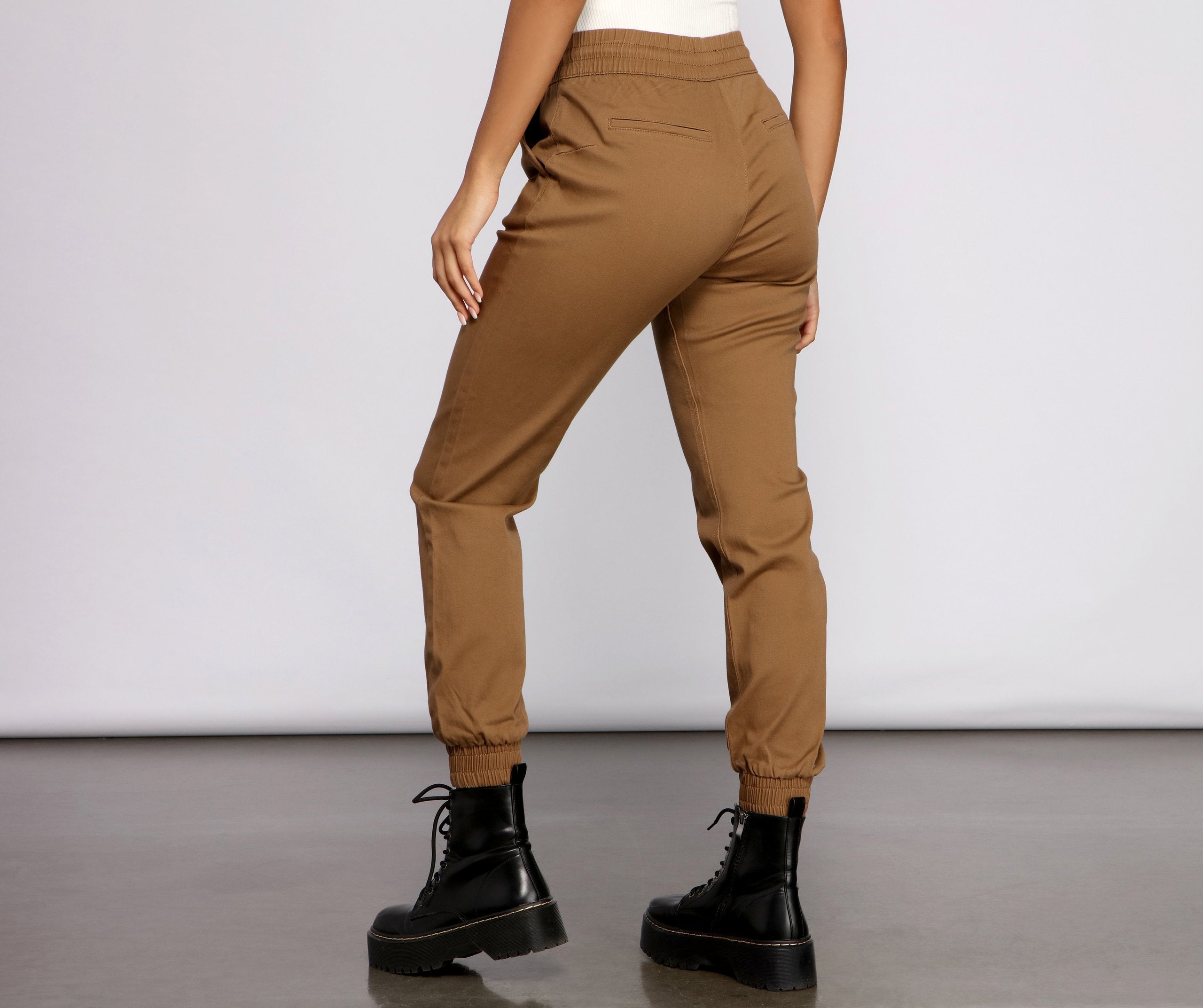 Basic High Waist Twill Joggers - Lady Occasions