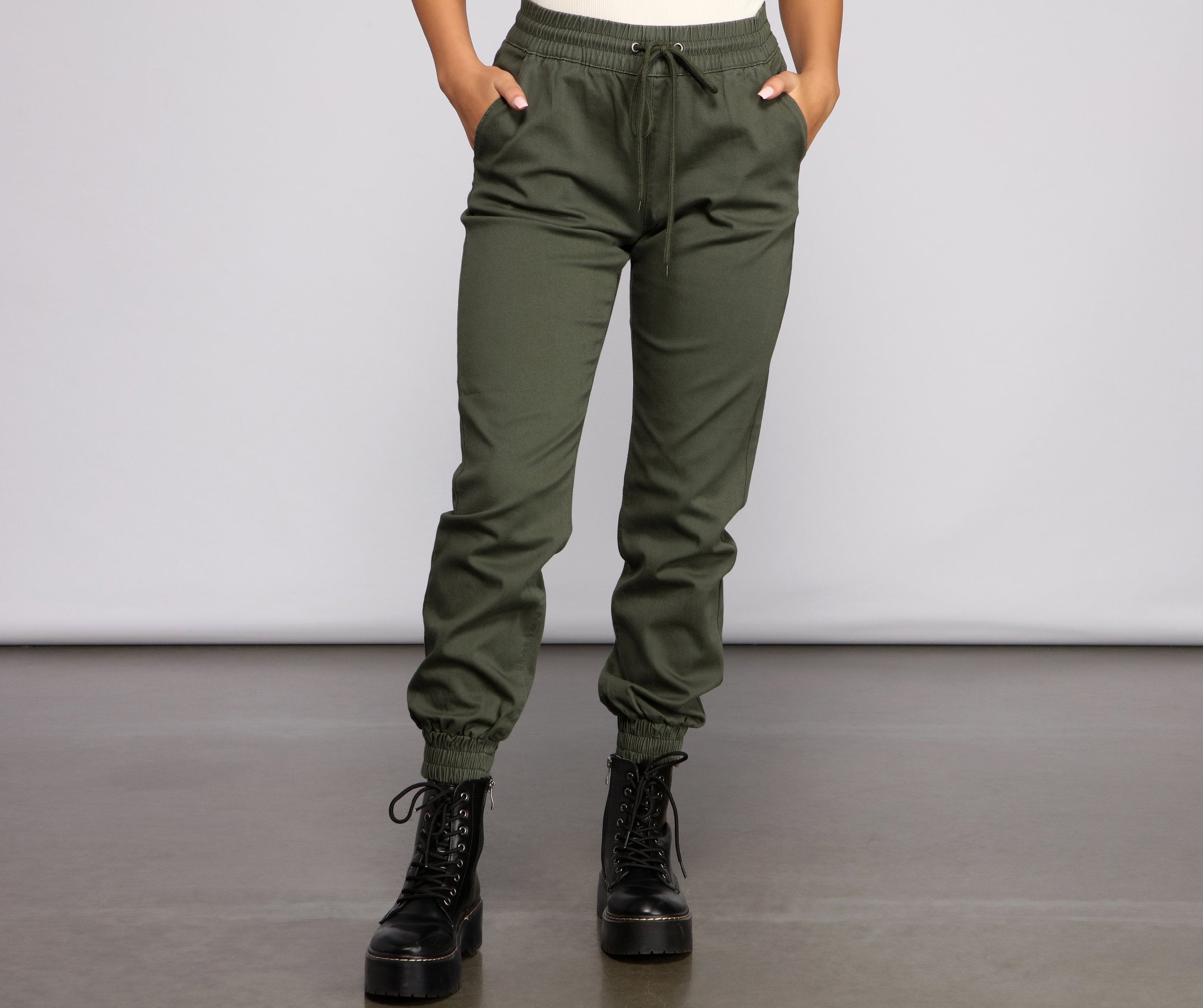 Basic High Waist Twill Joggers - Lady Occasions