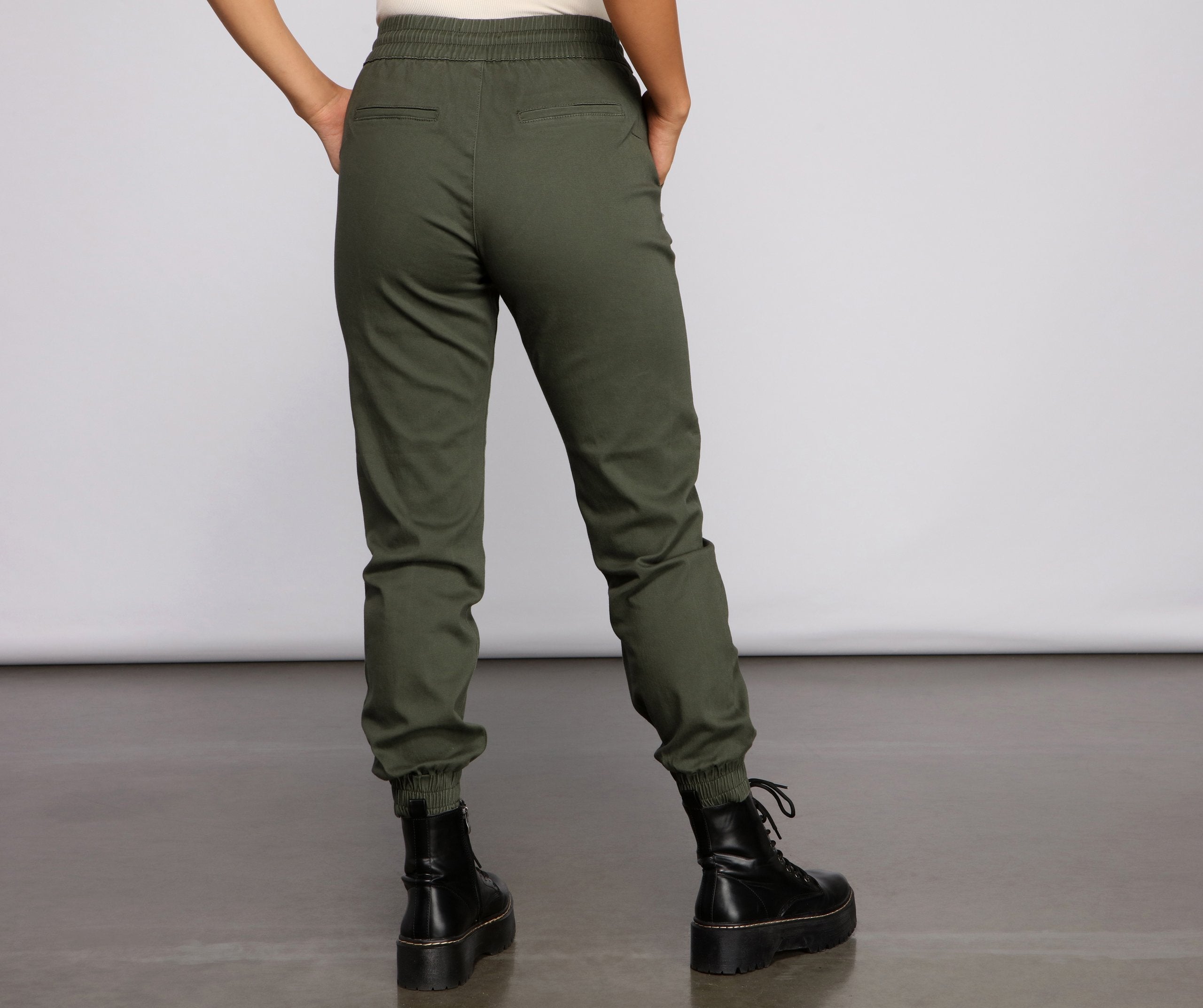 Basic High Waist Twill Joggers - Lady Occasions