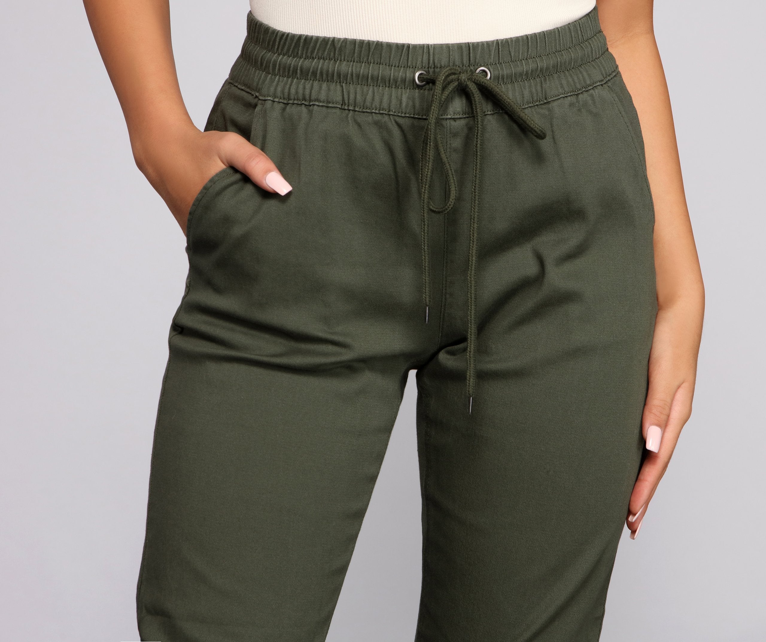 Basic High Waist Twill Joggers - Lady Occasions