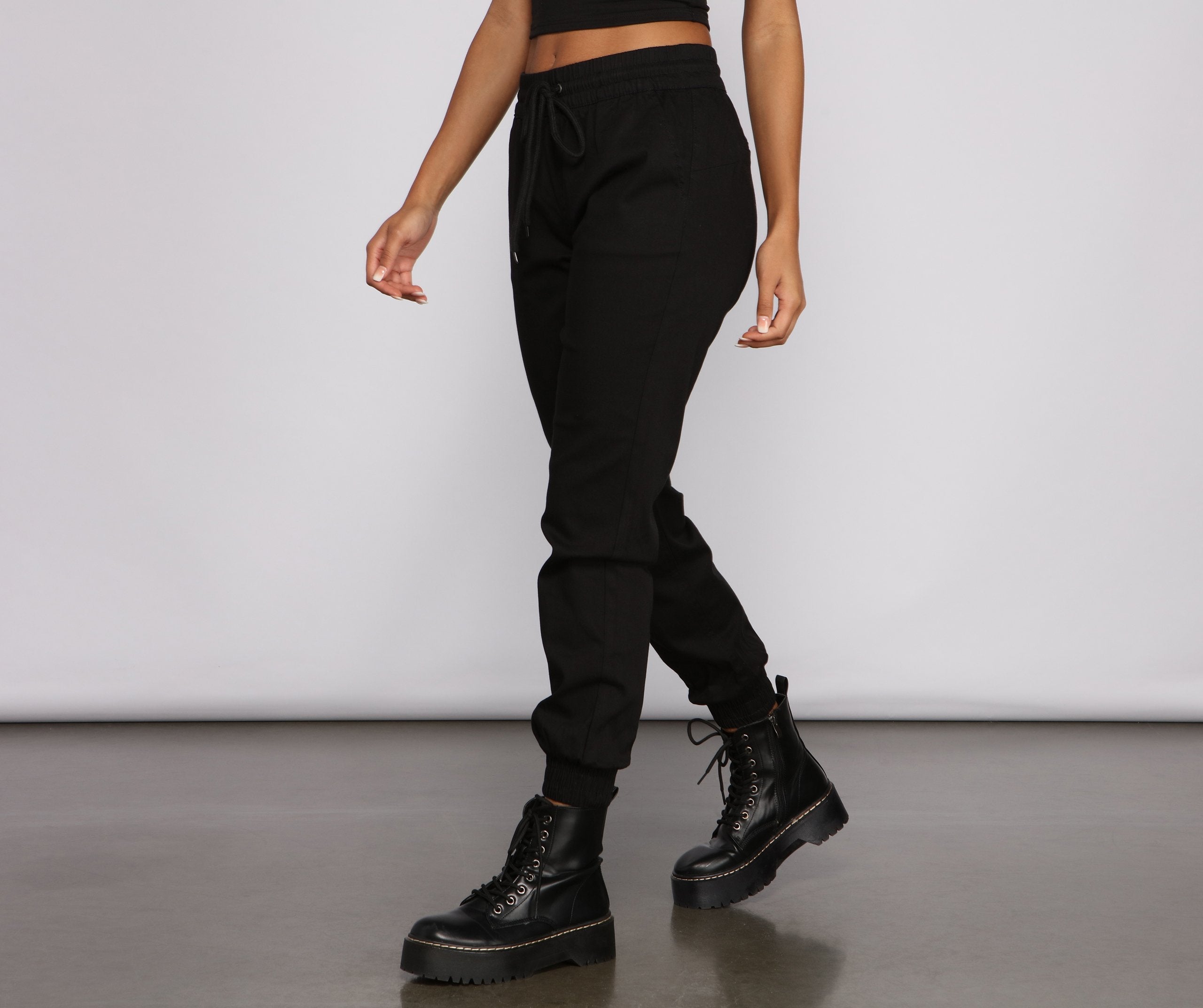 Basic High Waist Twill Joggers - Lady Occasions