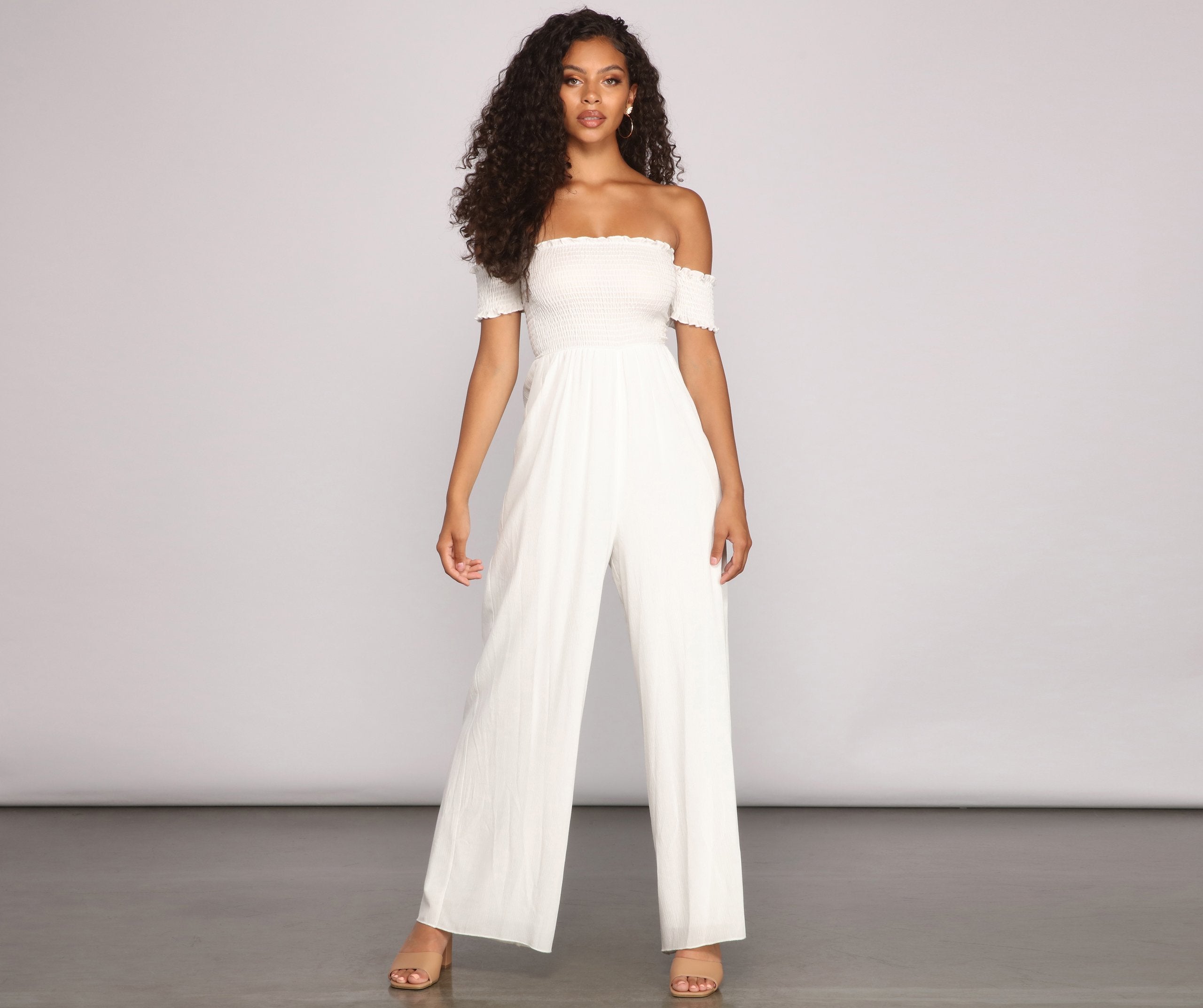 Vacay Bound Off The Shoulder Smocked Jumpsuit - Lady Occasions